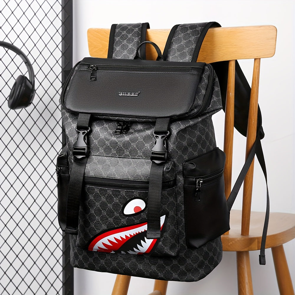 Men'S Stylish Black Backpack with Shark Graphic - Lightweight, Large Capacity, Multi-Functional Shoulder Bag for Travel, Commuting, School - Durable PVC Material, Sports & Fitness Design, Backpack for Travel