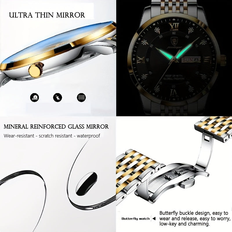 POEDAGAR Classic Men'S Stainless Steel Quartz Watch, IPX8 Luminous Weekly Calendar Watch for Men, Perfect Gift Option, Suitable for Women