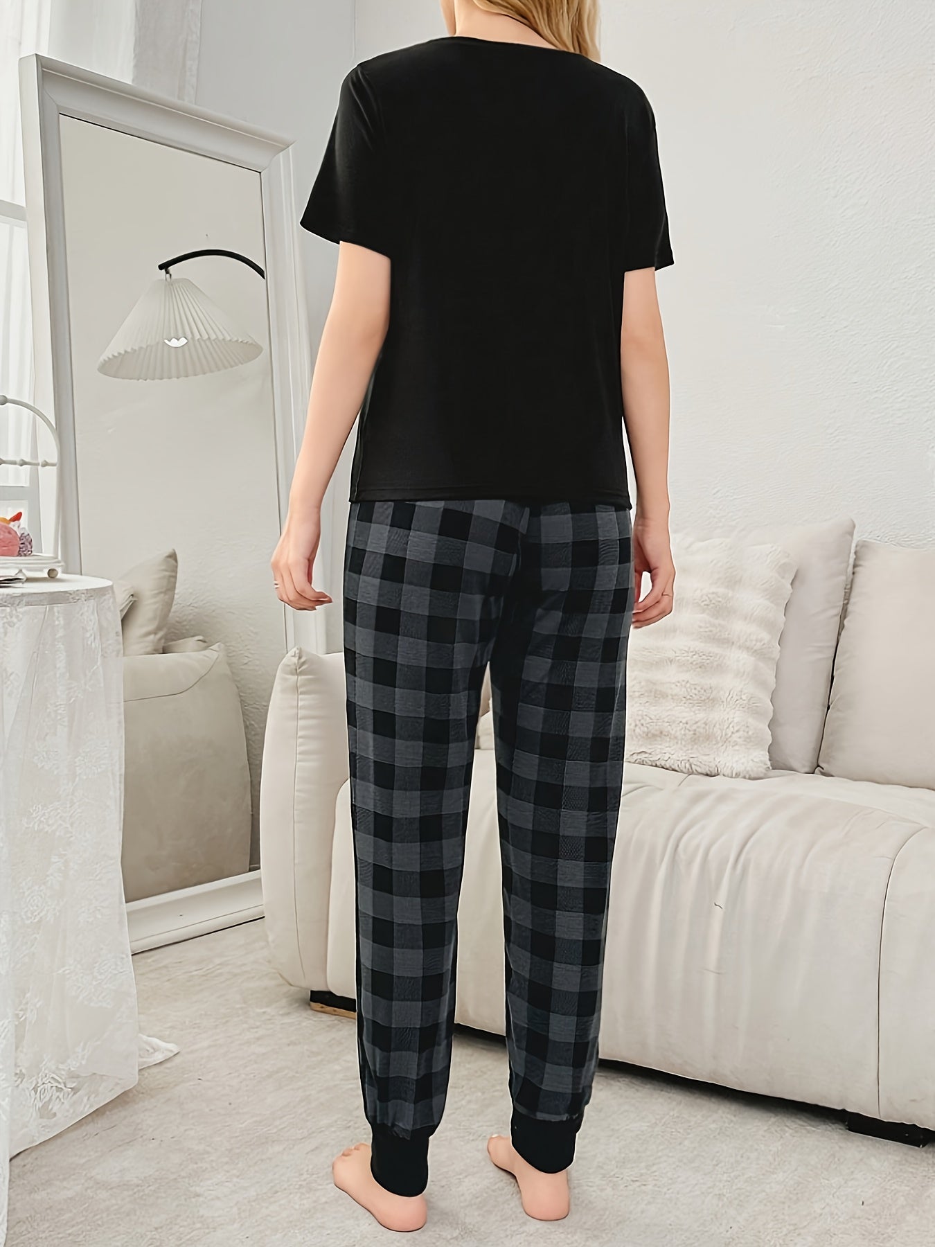 Print Round Neck Short Sleeve Top and Plaid Pants Pajamas for Men or Women Single Set