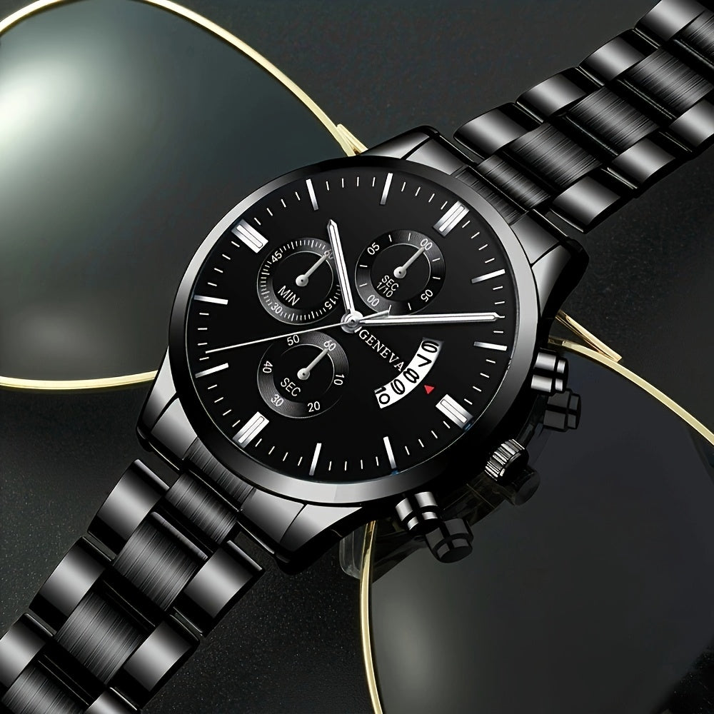 Men'S Business Round Quartz Watch with Calendar Display, Black Stainless Steel Strap, Electronic Movement, Perfect Gift for Valentine'S Day, Easter, Halloween, Ramadan, Birthdays, Christmas