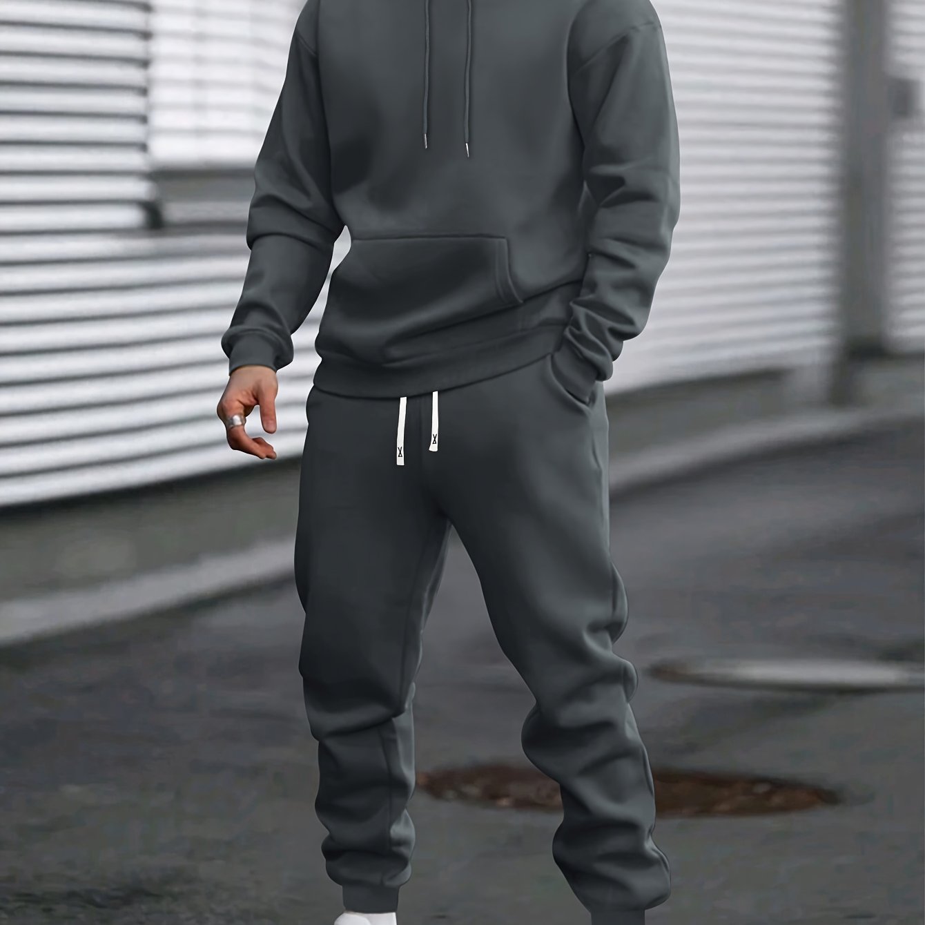 1set Men'S Casual Sports Suit, Polyester Hooded Sweatshirt and Jogger Pants Set, Solid Color, Elastic Waist, Cuffed Ankles, Knit Pullover with Pockets, Regular Fit for Outdoor Running and Jogging - Spring/Autumn Collection