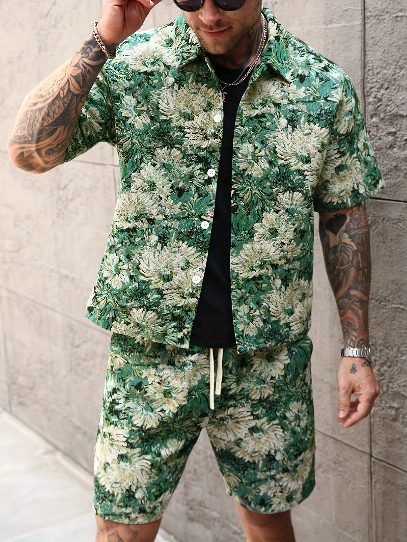 Men'S Summer Casual Short Sleeve Shirt & Shorts Set - Tropical Print, Loose Fit, Button-Up with Collar, Lightweight Polyester Fabric for Outdoor & Leisure Activities, Summer Casual Wear | Tropical Print Shirt | Lightweight Fa