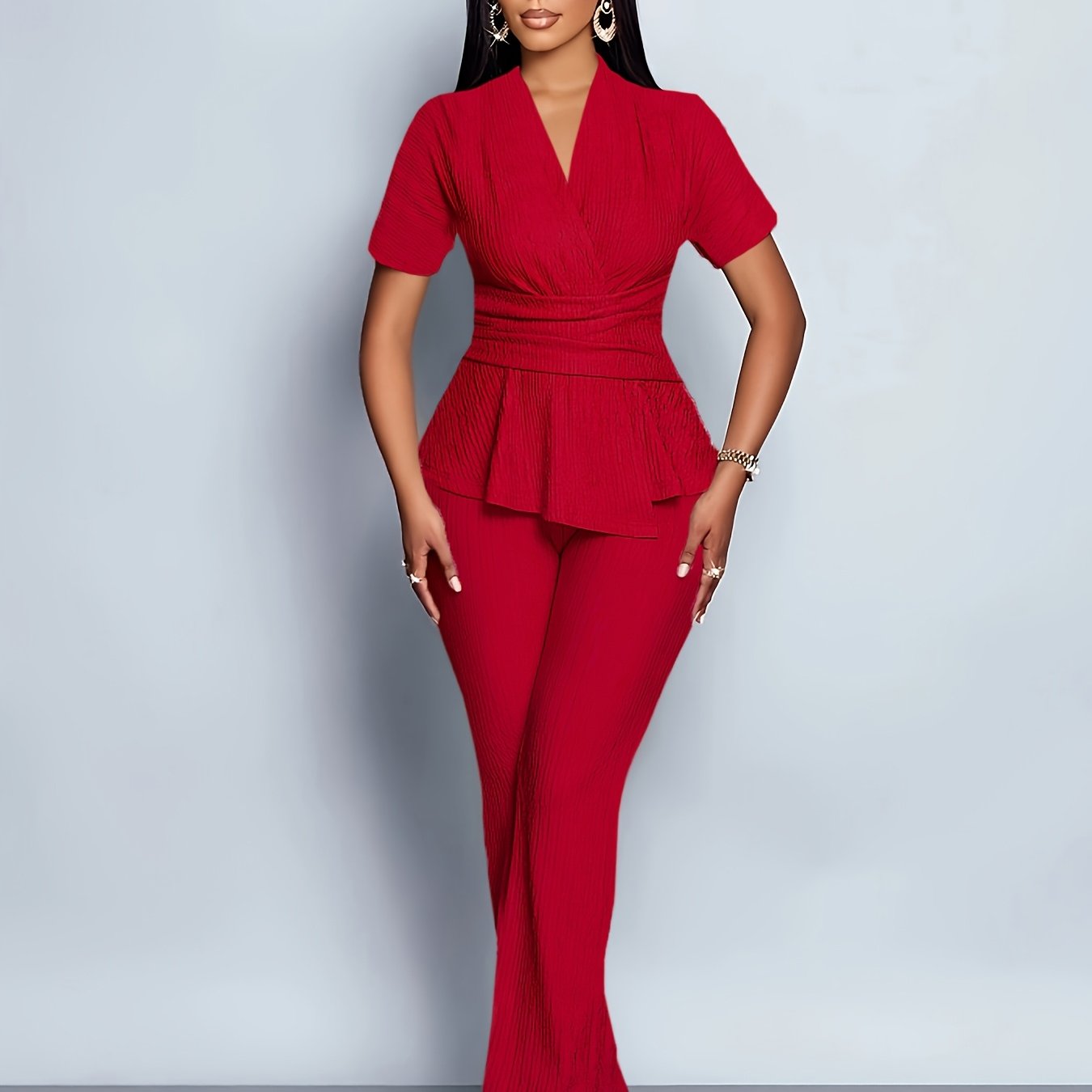 Women's Elegant Casual Solid Color Textured Pants Set