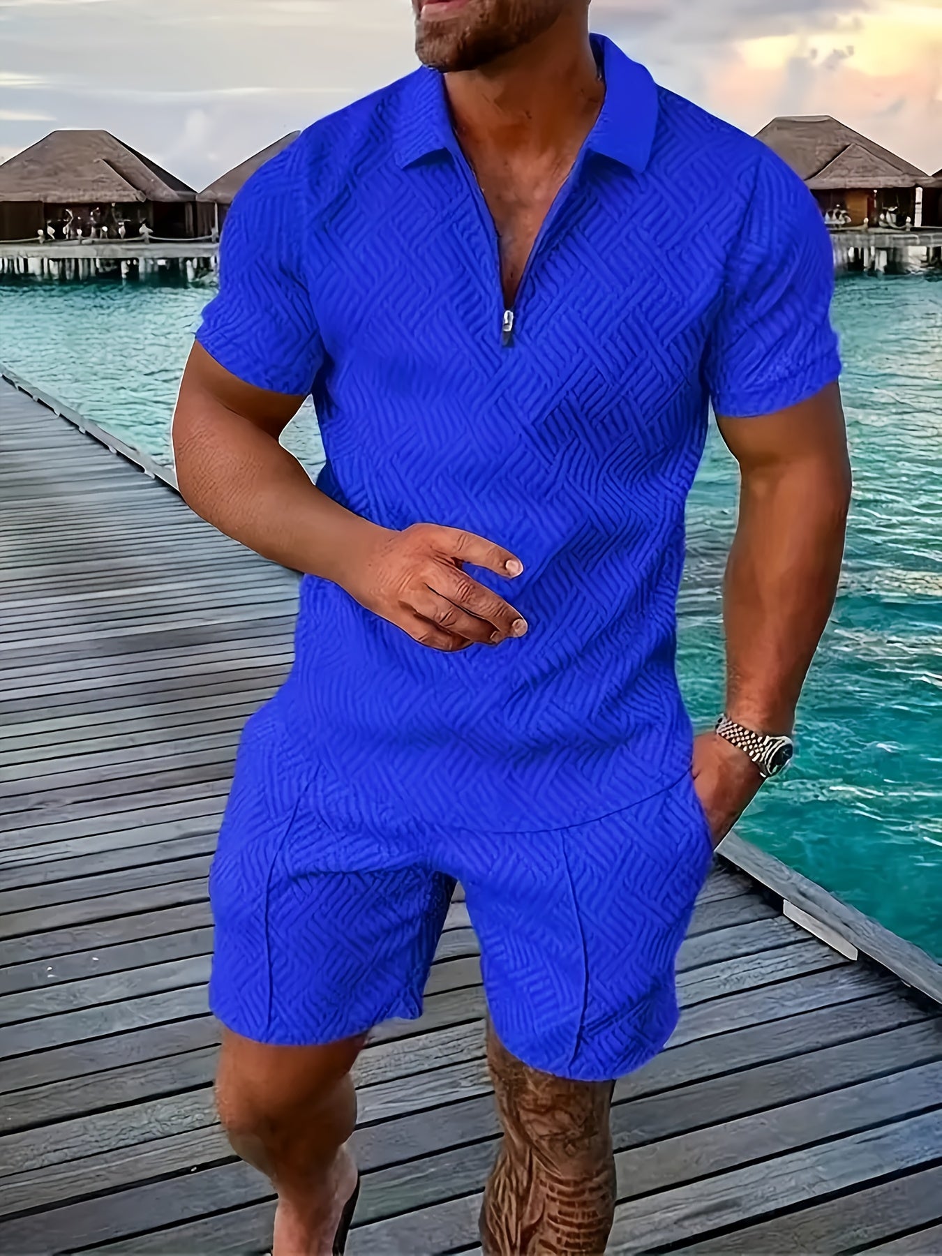 Men'S Tropical Print Casual Suit - Black Short Sleeve Zipper Shirt with White Pockets Shorts, Polyester, Machine Washable, Summer Beachwear, Summer Wear | Relaxed Fit Shirt | Woven Texture