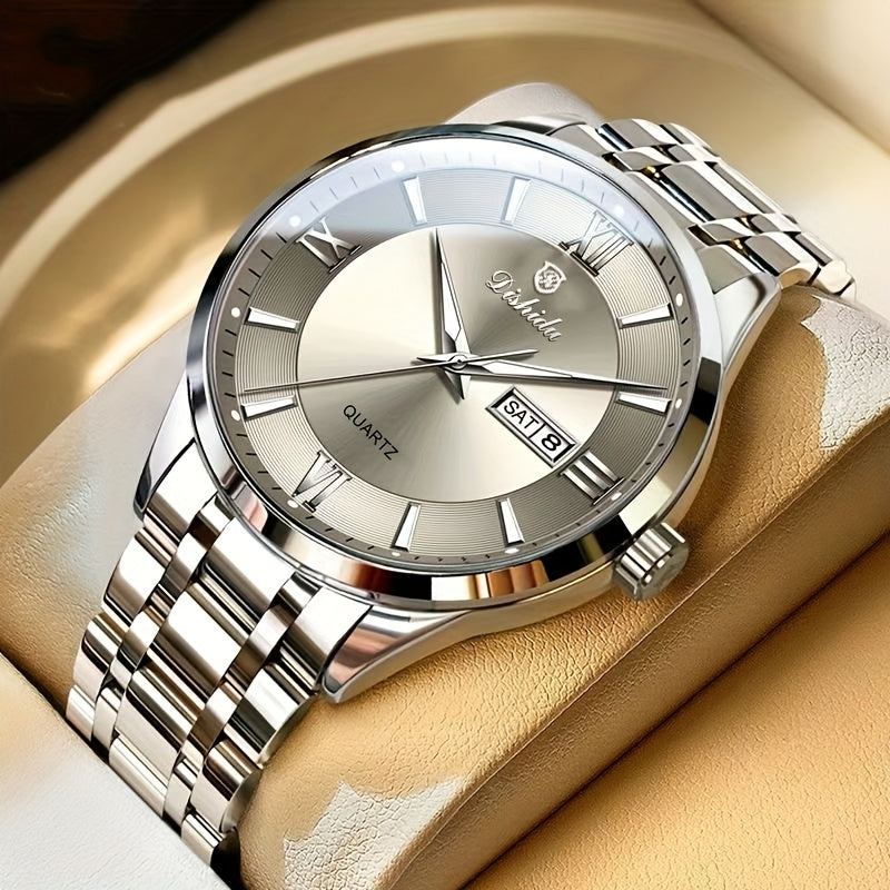 Elegant Men's Stainless Steel Quartz Watch - Luxurious Golden-Tone Business Timepiece with Dual Calendar & Luminous Hands, Waterproof - Ideal Gift for Birthdays & Anniversaries