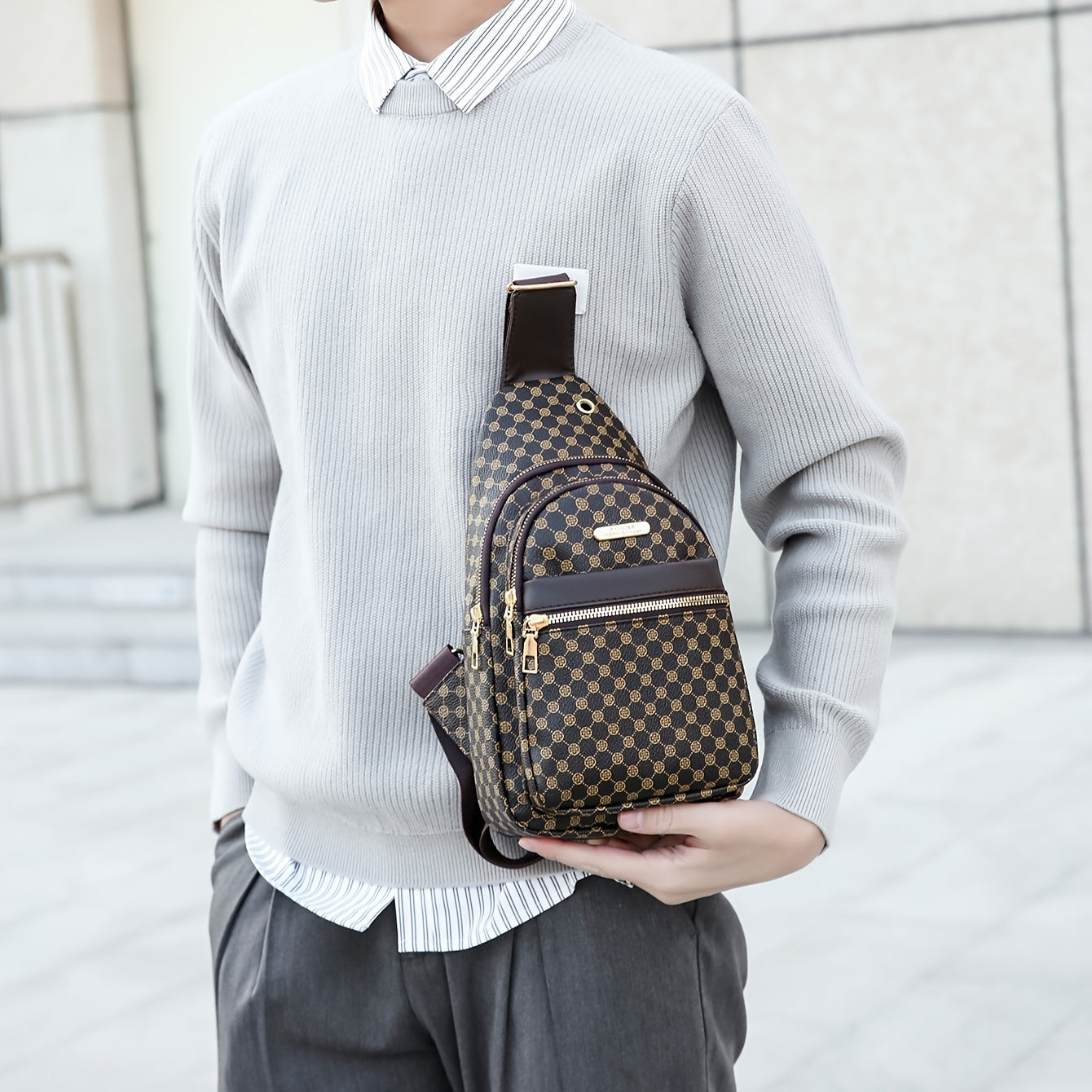 Men's Stylish Geometric Print Sling Bag - Black & White Crossbody Chest Pack with Golden-Tone Zippers, Compact Travel & Everyday Commute Backpack, Modern Accessory | Textured Finish, Crossbody Bag