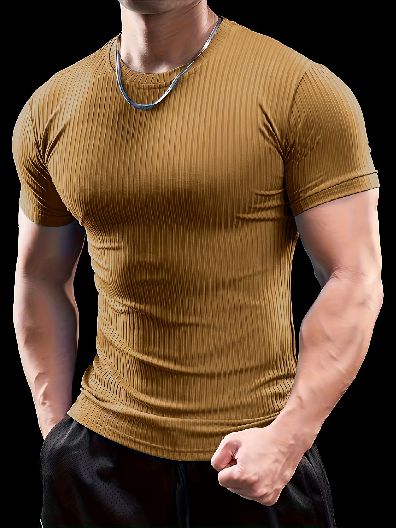 Men's Slim Fit Ribbed Short Sleeve T-Shirt - Stretchy Athletic & Casual Wear, Green, Round Neck, Machine Washable, Muscle-Enhancing Design, Gym Shirts