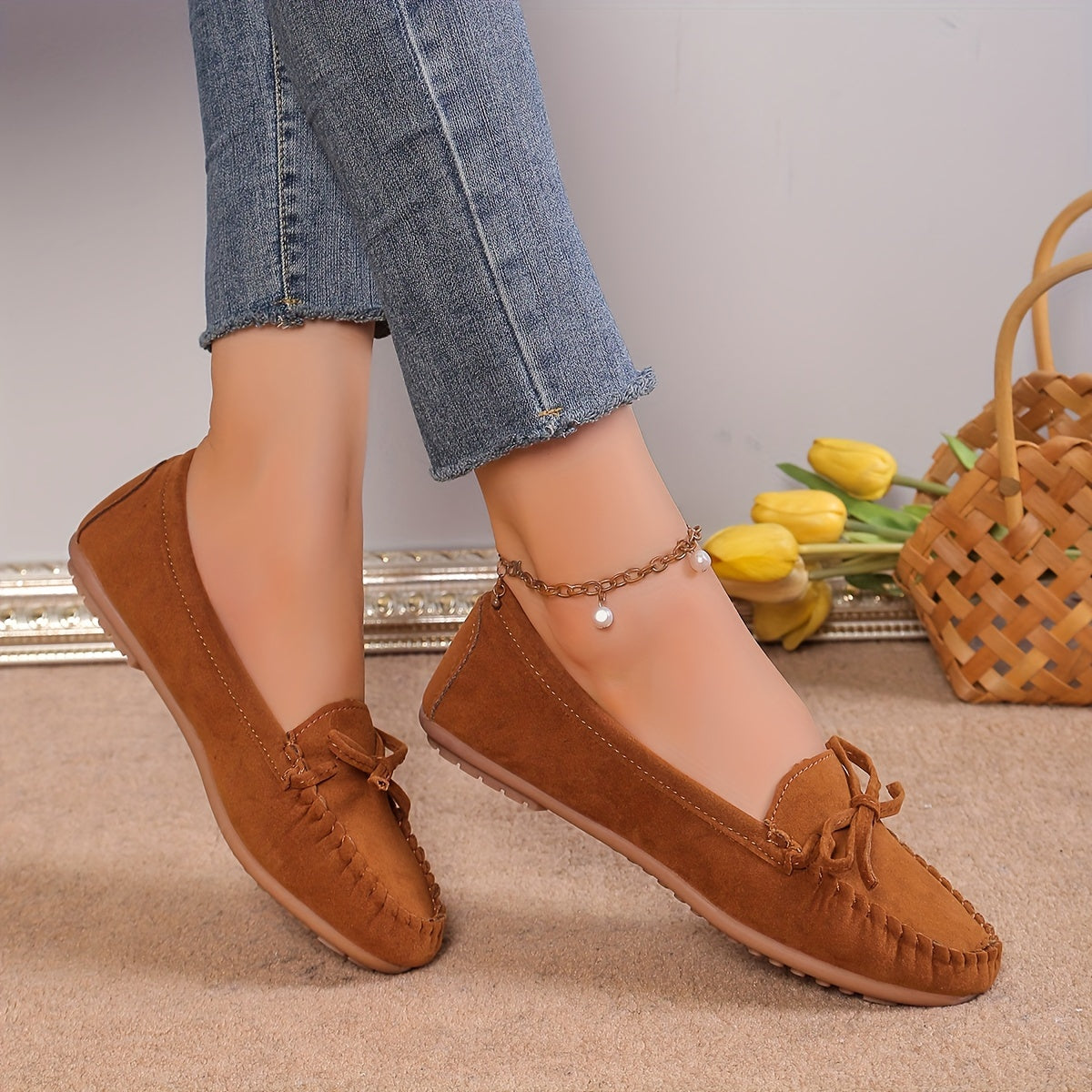 Women's Casual Slip-On Sneakers With Butterfly Knot, Breathable And Lightweight, Rubber Outsole, Fleece Lining, Perfect For Autumn