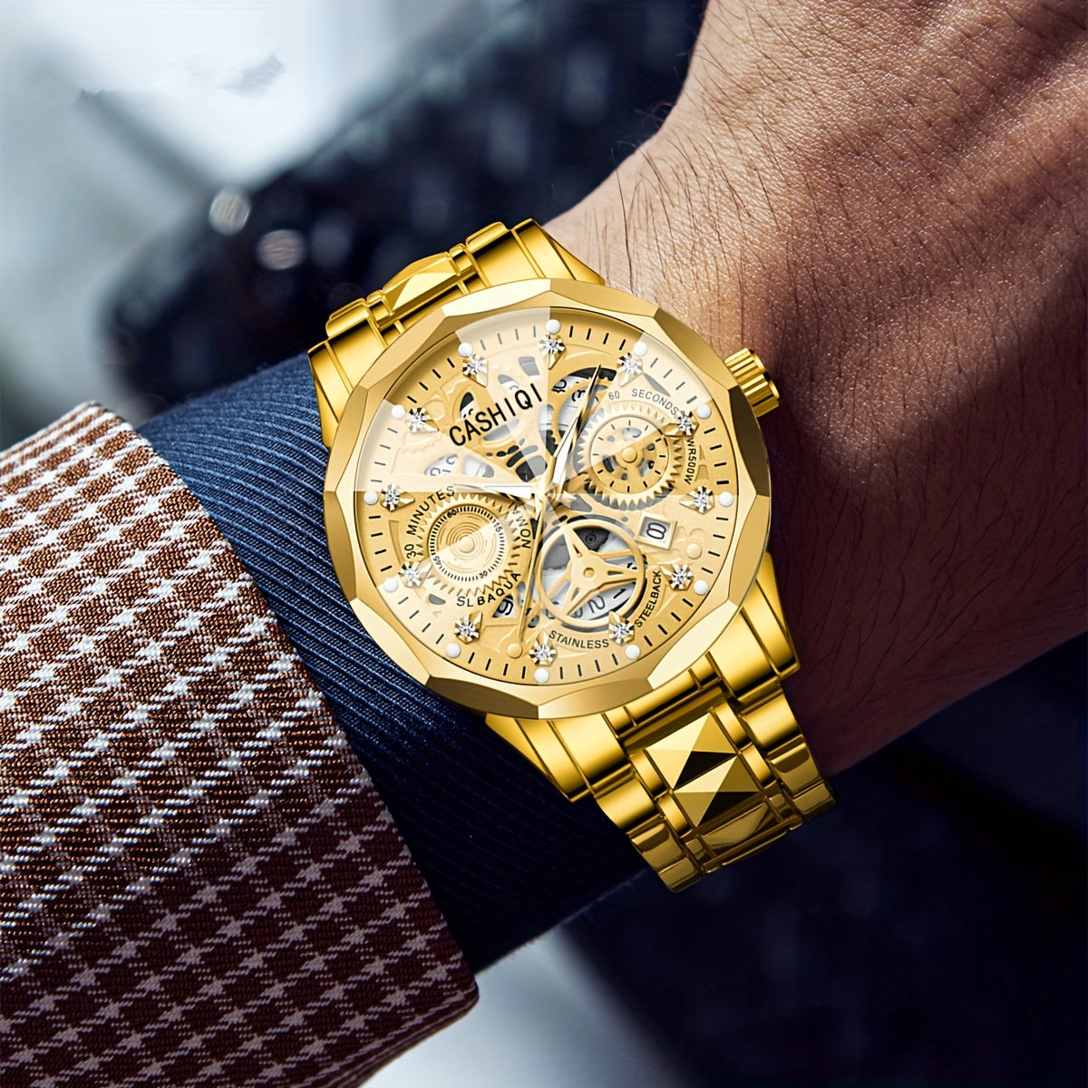CASHIQI Brand Men'S Steel Strap Quartz Watch with Rhombus Dial, Sparkling Decoration, Calendar, And Luminous Display, IPX7 Waterproof Hollow Quartz Watch for Business, Travel, And Casual Wear - A Perfect Gift Choice.