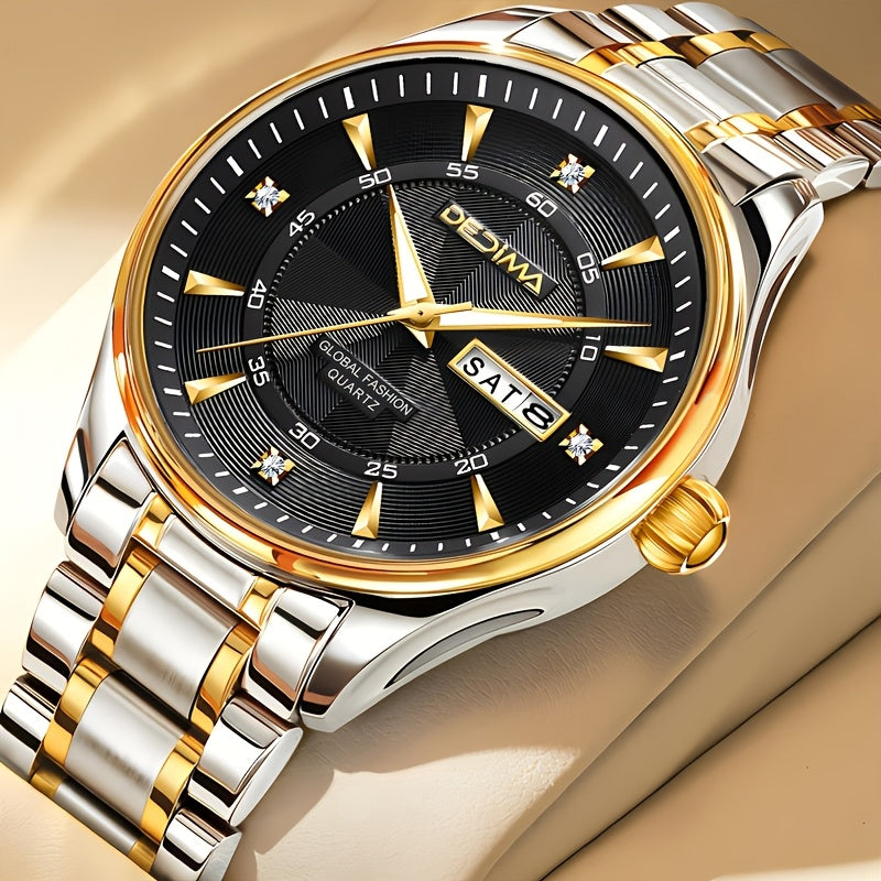 Stainless Steel Men's Quartz Watch with Luminous Hands, Dual Calendar, Date Display & High Quality IPX7 - Golden-Tone Dial, Accents for Business, Casual, Travel - Ideal Birthday Holiday Gift, Business Casual Watch | Sleek Met