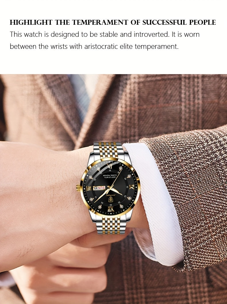 POEDAGAR Classic Men'S Stainless Steel Quartz Watch, IPX8 Luminous Weekly Calendar Watch for Men, Perfect Gift Option, Suitable for Women