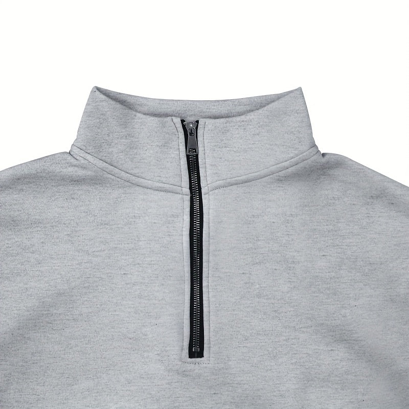 Versatile Ensemble, Men's Casual 2pcs Set: Heavyweight Zip-Up High Neck Sweatshirt & Pocketed Work Pants - Solid Color, Plush Fabric for Fall/Winter