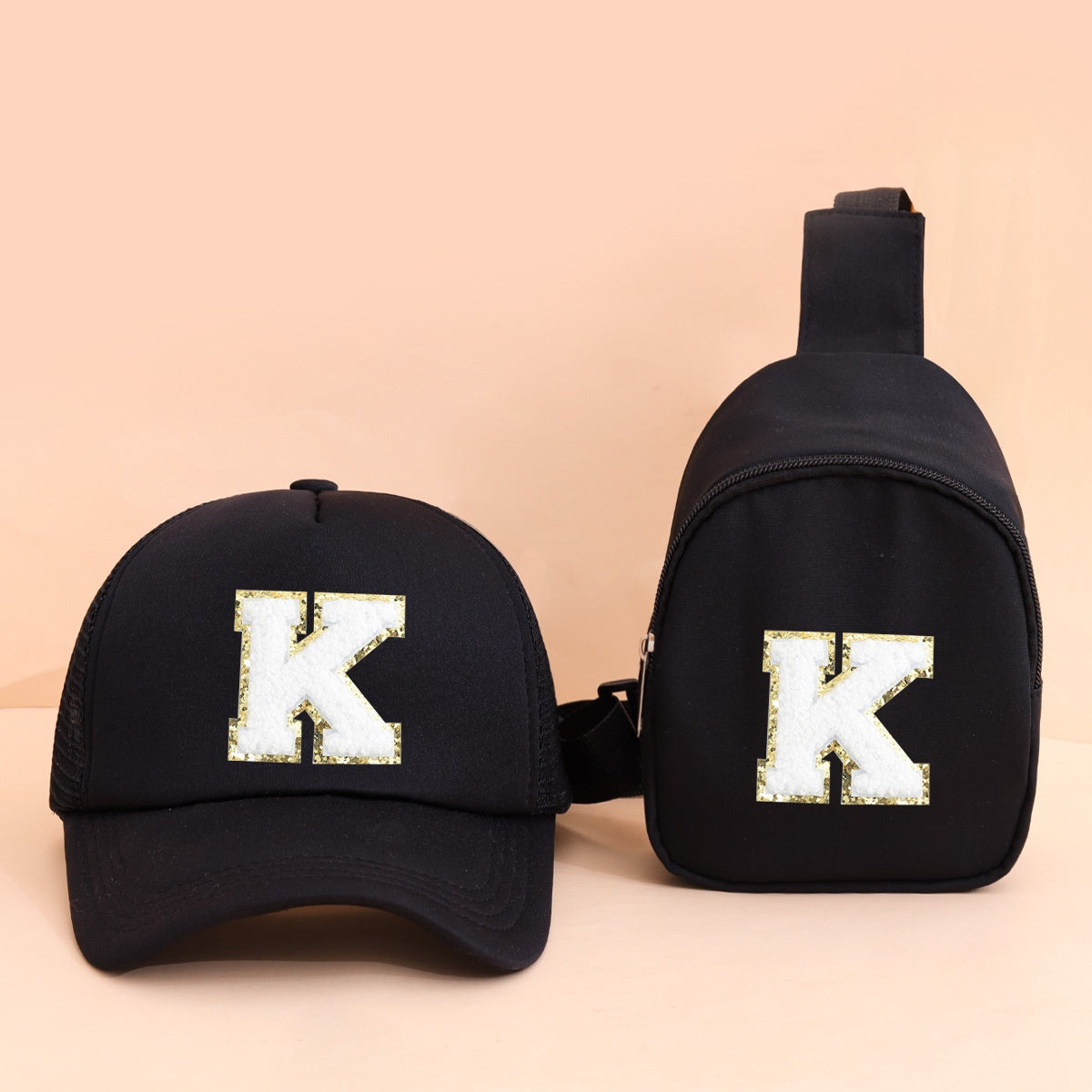 2pcs Kids' Printed Alphabet Pattern Set, Includes 1 Black Stylish Breathable Trucker Hat and 1 Black Crossbody Bag, Lightweight Sun Hat with Small Coin Purse, Suitable for Boys and Girls Aged 5-10 for Daily Outings and Back-t