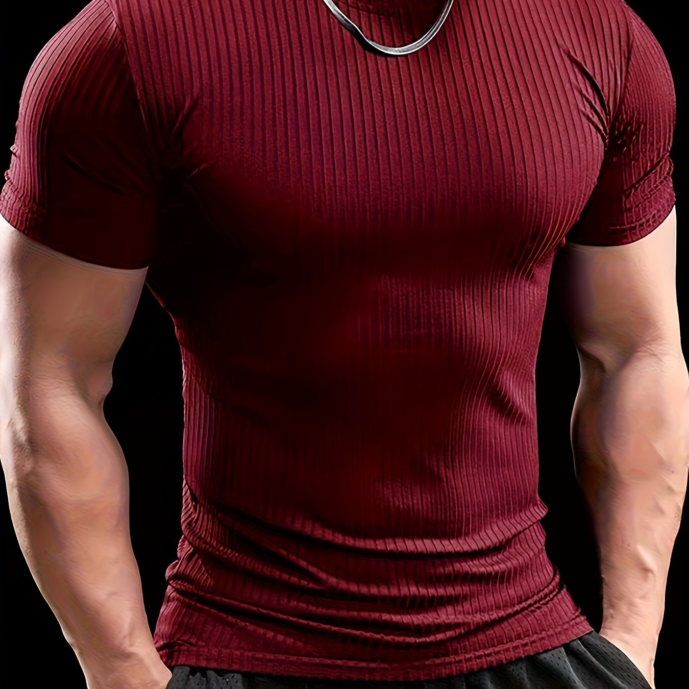 Men's Slim Fit Ribbed Short Sleeve T-Shirt - Stretchy Athletic & Casual Wear, Green, Round Neck, Machine Washable, Muscle-Enhancing Design, Gym Shirts