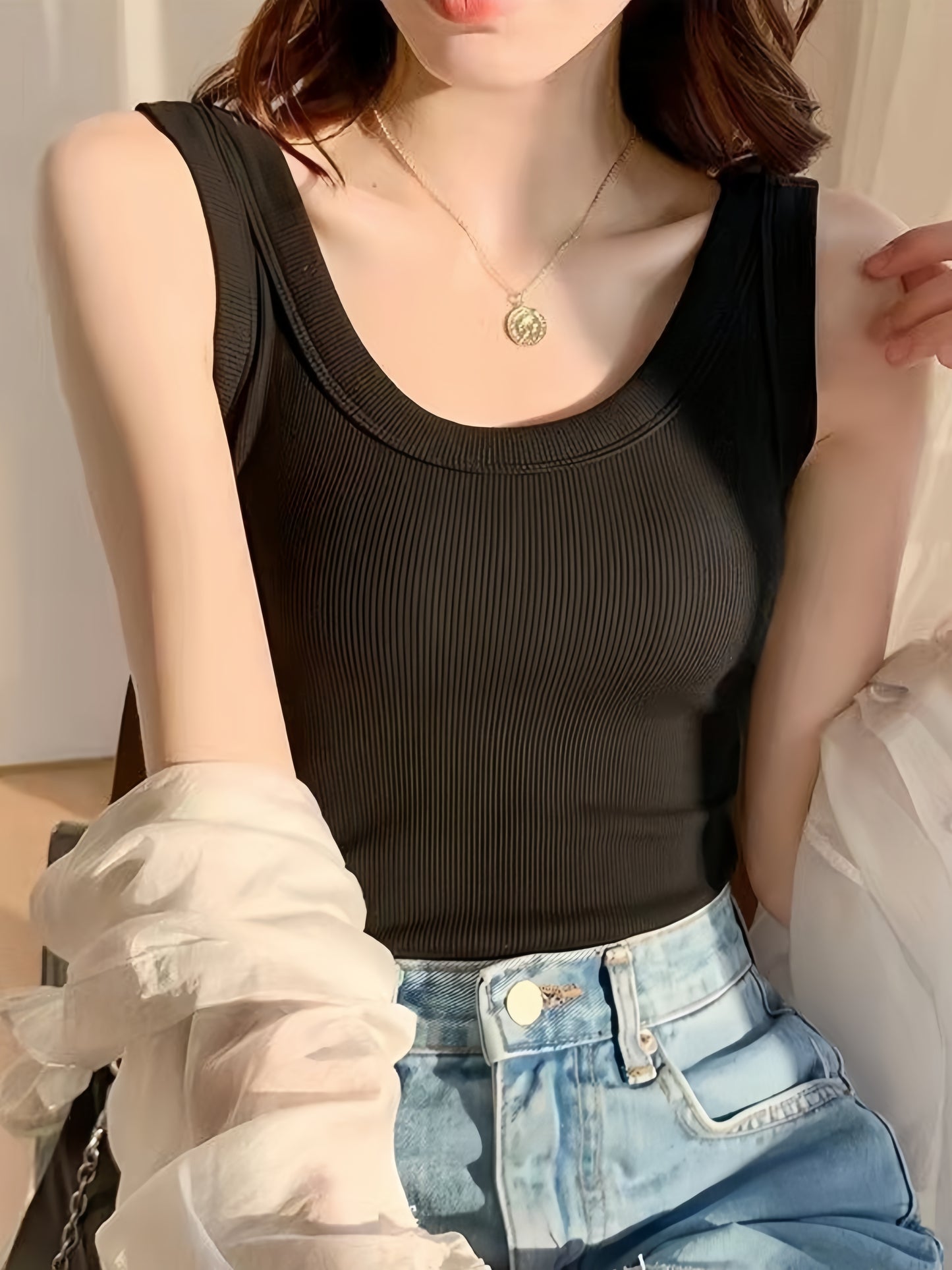 1pc Women'S Casual Ribbed Tank Top, Solid Color Knit Vest with Side Stripe Detail, Low Neck Polyester Camisole for All Seasons, Versatile Layering Piece