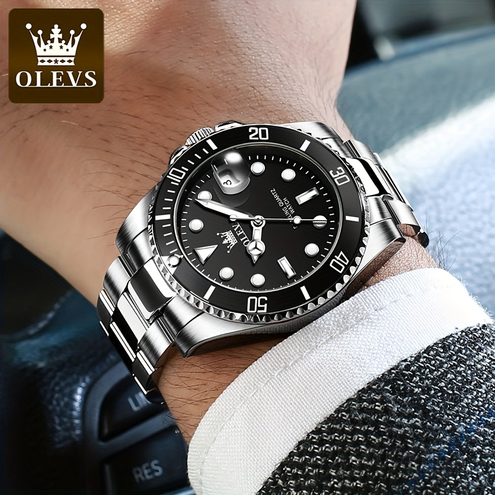 OLEVS Men'S Luxury Quartz Watch - Green Dial, Stainless Steel Band, Luminous Pointer Display, Quartz Movement, Electronic Drive, Zinc Alloy Case, Ideal for Business Casual Wea