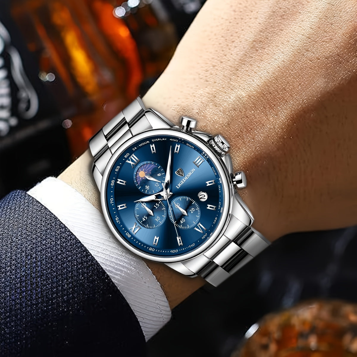 LIGE Black Blue Quartz Watch with Calendar, Exquisite & Simple Dial Stainless Steel Strap Multiple Colors High-quality Wrist Watch