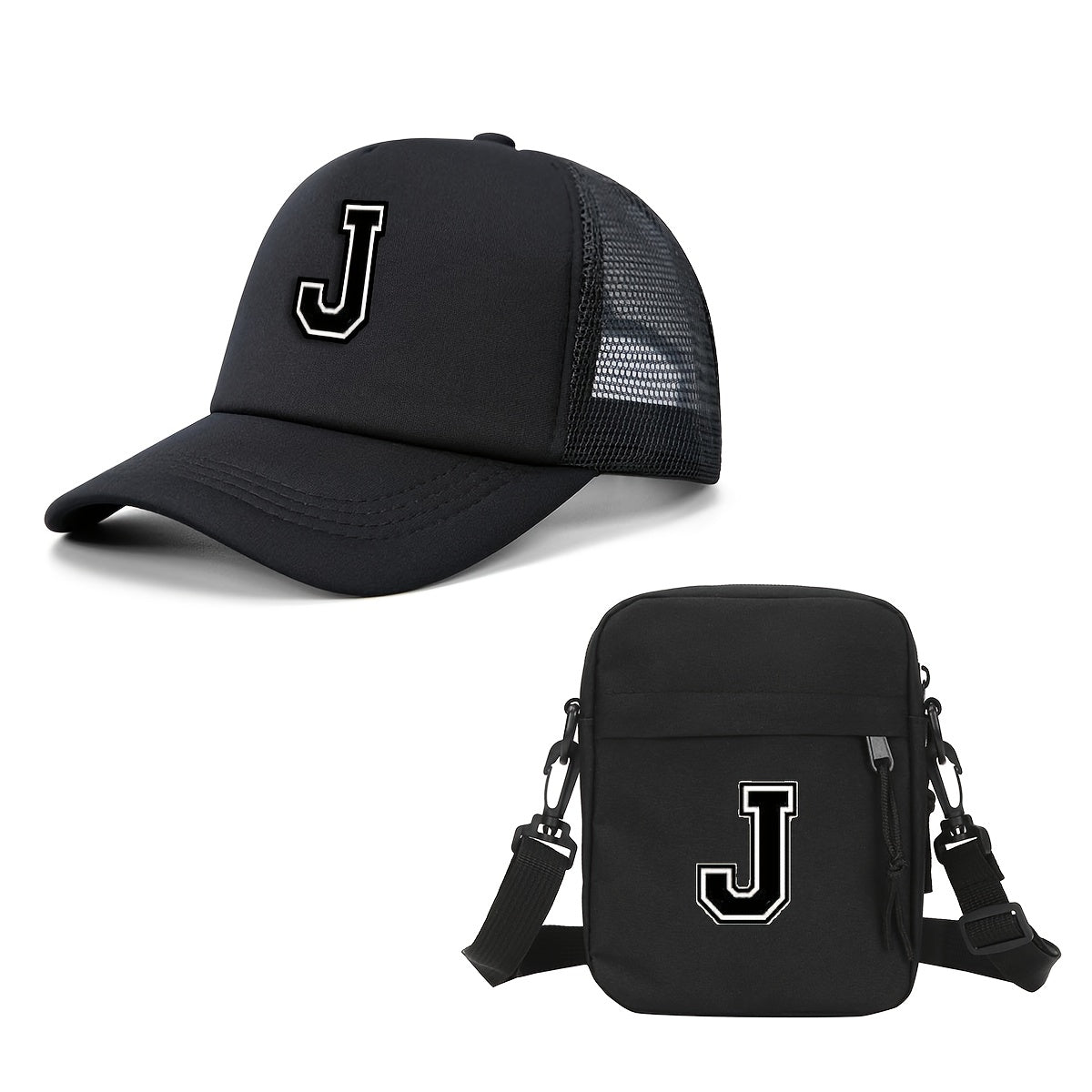 2pcs Men'S And Women'S 26-Letter Printed Trucker Hat & Bag Set, Mesh Breathable Versatile Casual Sun Hat, Suitable for Holiday Vacation, Mountain Climbing, Camping, Outdoor Street And Other Scenes, Suitable As a Birthday, Hol