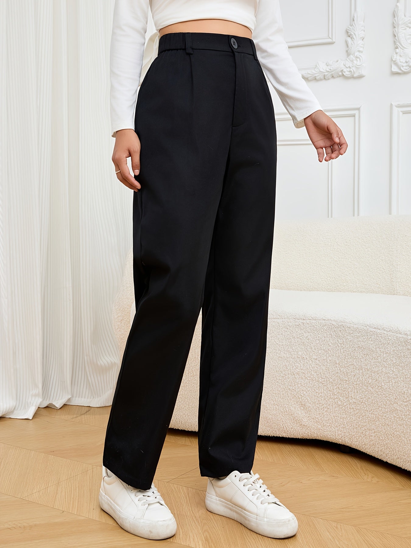 Women'S Black Straight-Leg Casual Trousers