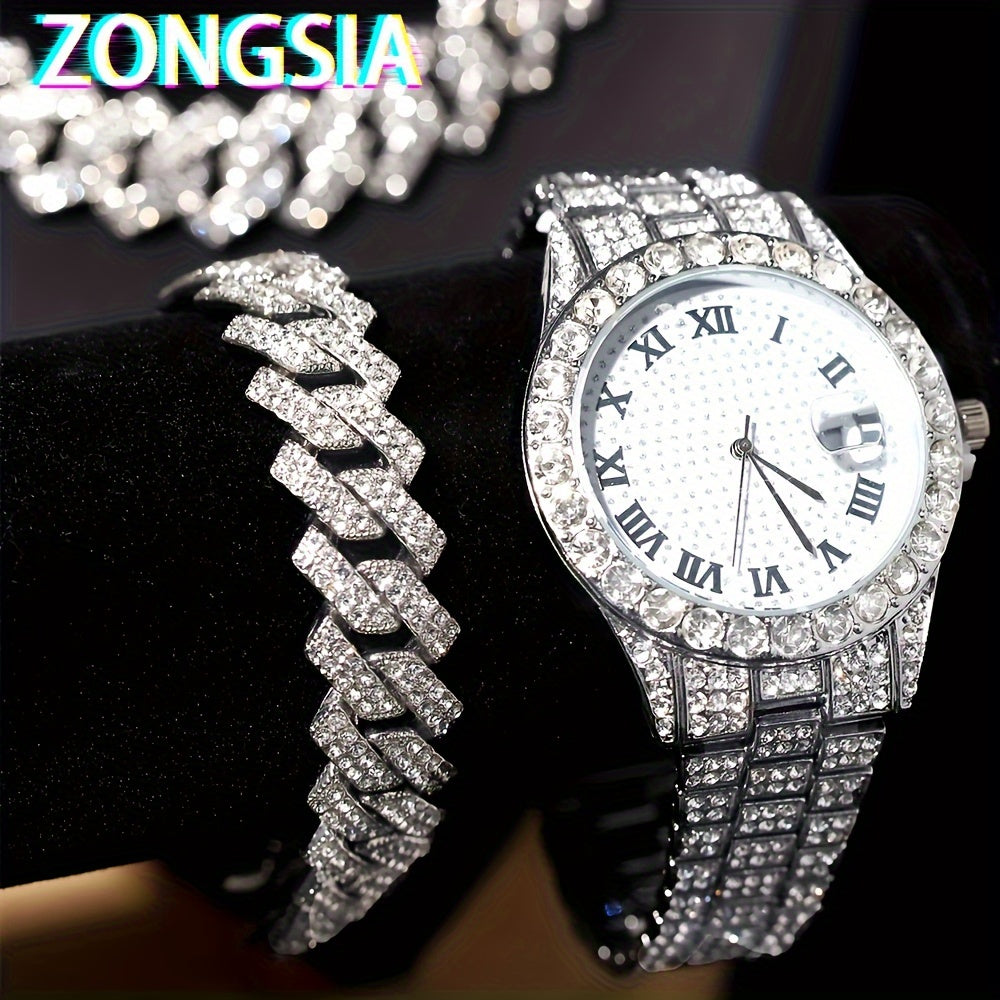 ZONGSIA Hip Hop Watch & Jewelry Set - Luxury Rhinestone-Encrusted Quartz Watch with Matching Bracelet and Necklace, Classic Male Fashion, PC Case, Alloy Strap, Electronic Drive, Non-rechargeable Button Battery, ZONGSI