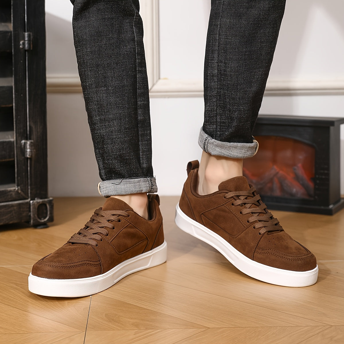 Men's Lightweight Breathable Casual Sneakers - Shock-Absorbing MD Sole, All-Season Outdoor Hiking & Skate Shoes, Brown Synthetic Low-Top Lace-Up for Camping, Daily Wear (Extended Sizes Available), Simple Street Style | Fabric