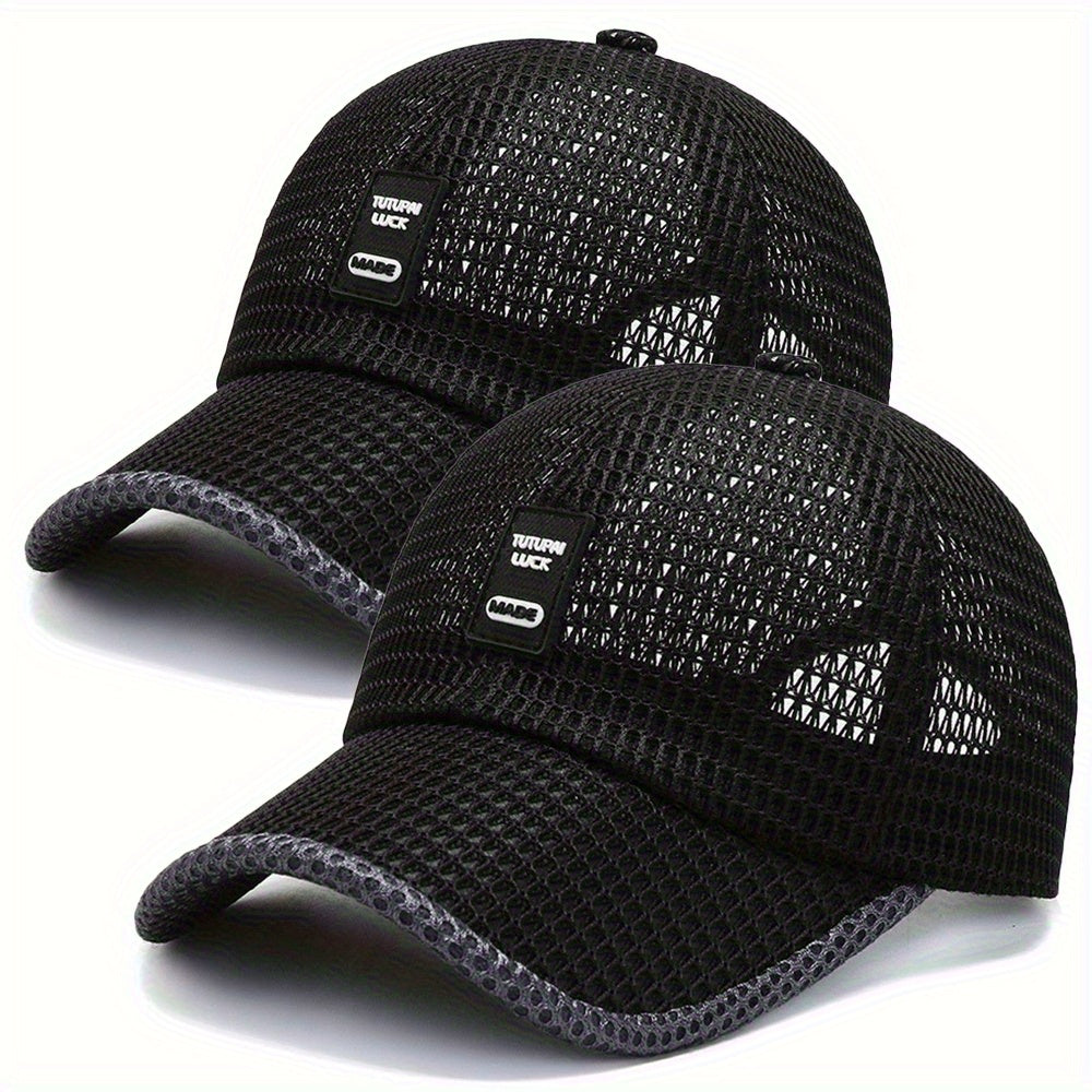 2pcs Unisex Quick-Dry Breathable Mesh Baseball Caps - Adjustable Lightweight Summer Sun Hats with Geometric Textured Design for Outdoor Sports, Football Games & Casual Streetwear (Black & Gray), Game Day Accessories, Durable