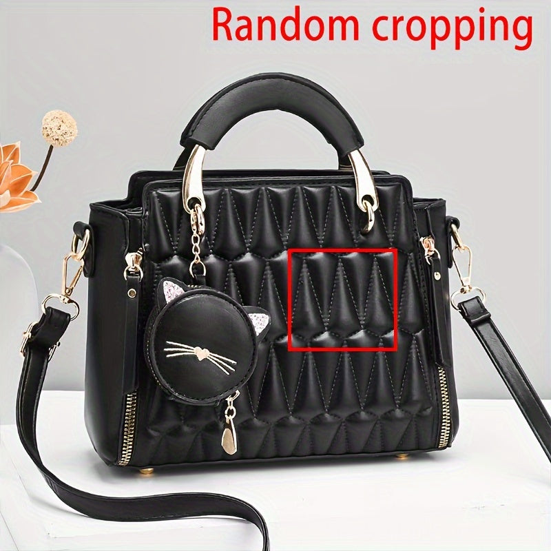Women'S Fashion 2023 Embroidered Cat Design Messenger Bag, Removable Strap, Zipper Closure, Polyester Lined, Casual Shoulder Handbag with Edge Paint Detail