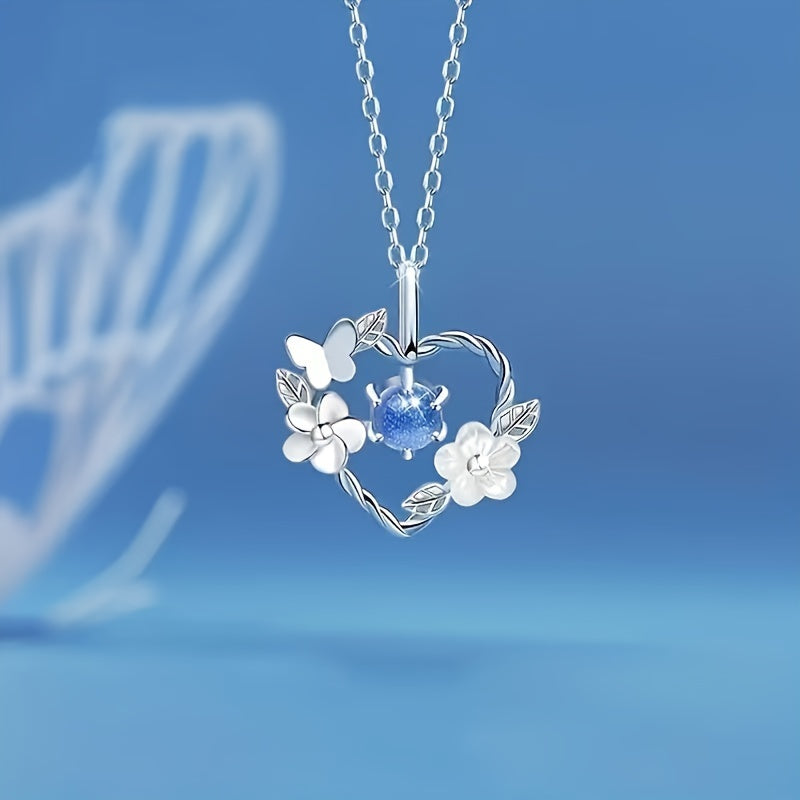 Elegant Heart Pendant Necklace with Synthetic Blue Gem and Floral Design for Women, Glass Main Material, Non-Plated, Ideal for Daily Wear and Valentine's Day Gift - All Season Compatible