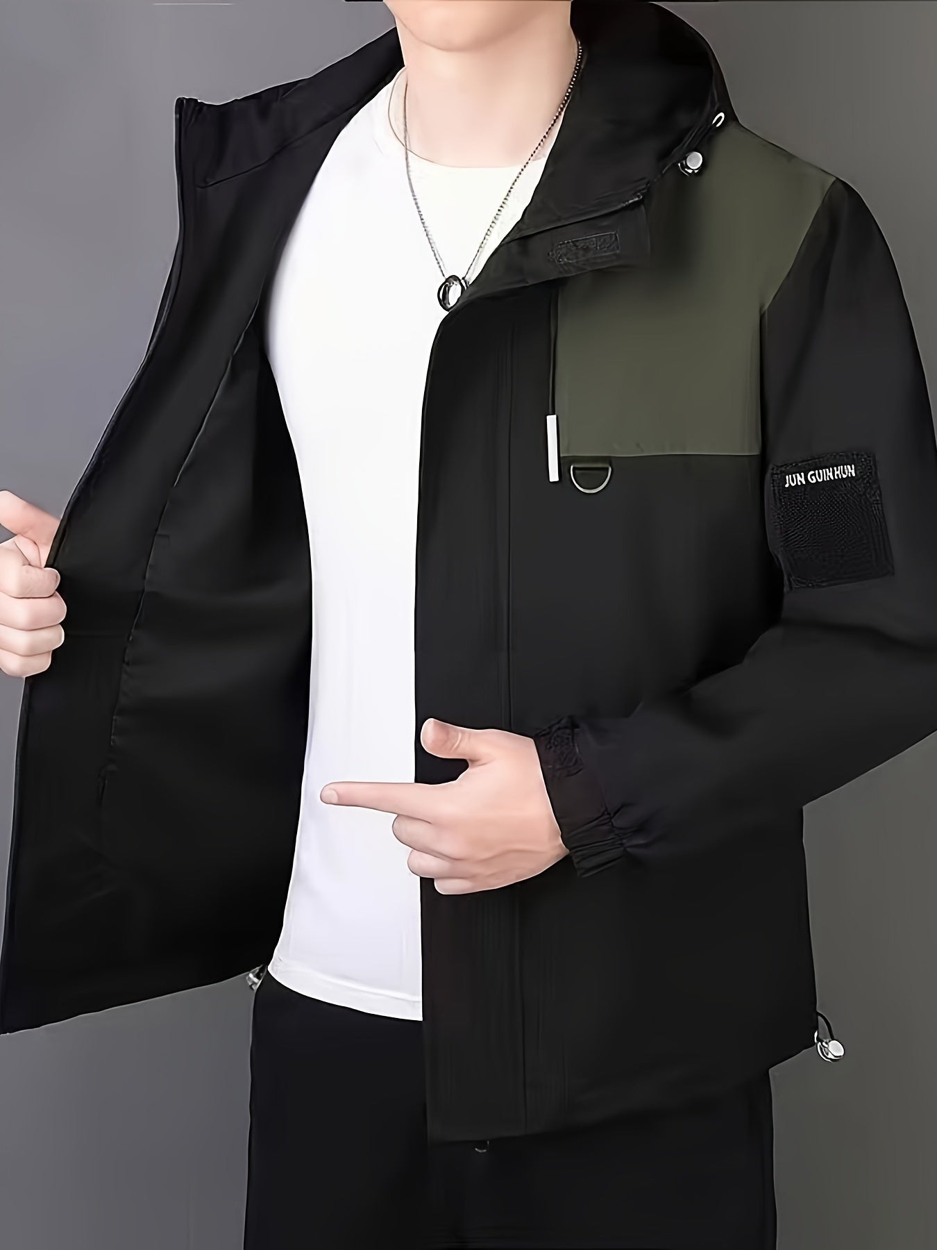 Men's Casual Hooded Windbreaker Jacket - Spring/Autumn Color Block Zip-Up Coat For Autumn Winter Outdoors