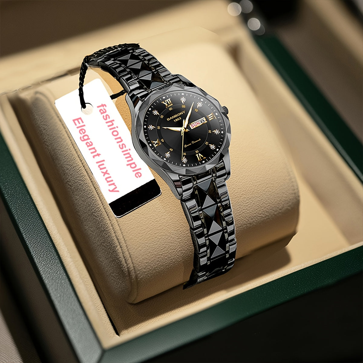 1pc Elegant BANBONY Stainless Steel Women'S Watch with Sparkling Rhinestones, Double Calendar, Glow-in-the-Dark Display, Waterproof - Ideal Gift for Birthdays, Anniversaries, and Special Occasions, Luxury Accessory | Elegant