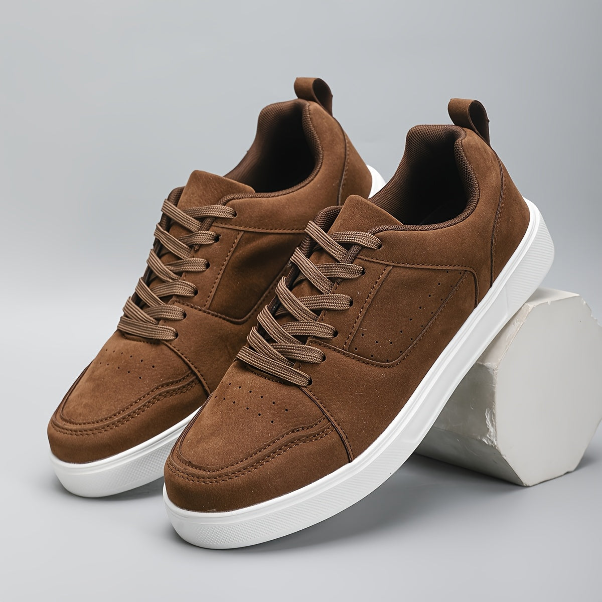 Men's Lightweight Breathable Casual Sneakers - Shock-Absorbing MD Sole, All-Season Outdoor Hiking & Skate Shoes, Brown Synthetic Low-Top Lace-Up for Camping, Daily Wear (Extended Sizes Available), Simple Street Style | Fabric