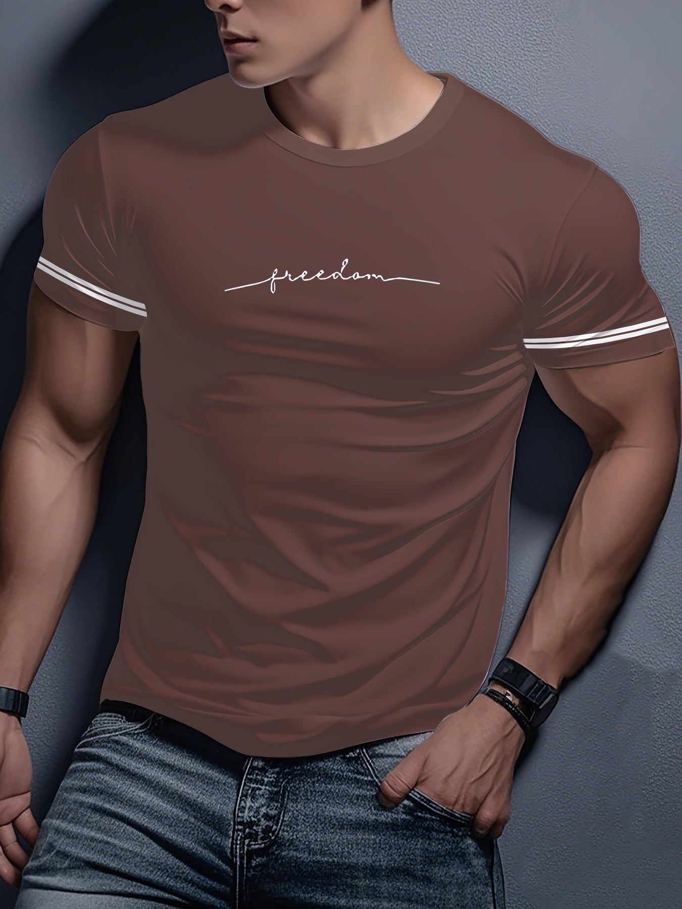Men'S "Freedom" Graphic T-Shirt - Black Casual Crew Neck Tee with White Stripes, Breathable Polyester Blend, Regular Fit for Casual Attire, Everyday Tshirt | Bold Print Tee | Comfortable Fit, Knit