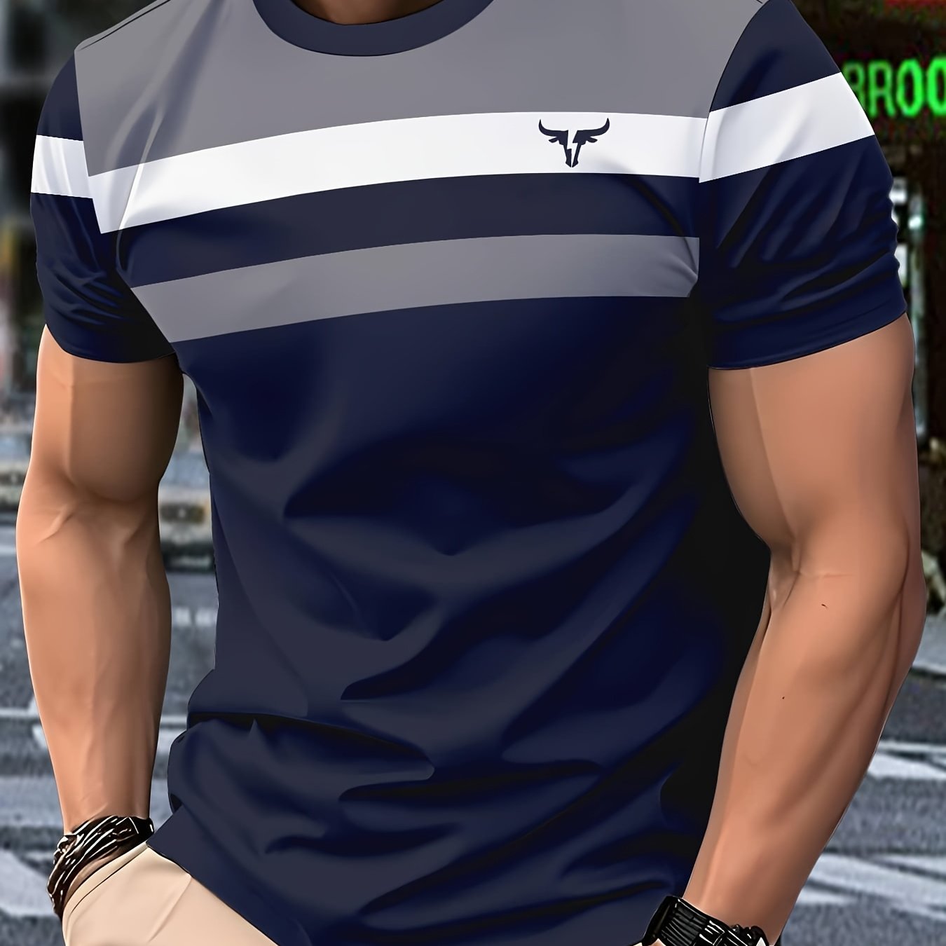 Men'S 3D Digital Print Short Sleeve T-Shirt - Vibrant Color Block Stripes & Bull Head Logo, Breathable Lightweight Fabric, Regular Fit All-Season Casual Top, Durable Urban Style Tee, Versatile Clothing, Modern Fashion, Comfor