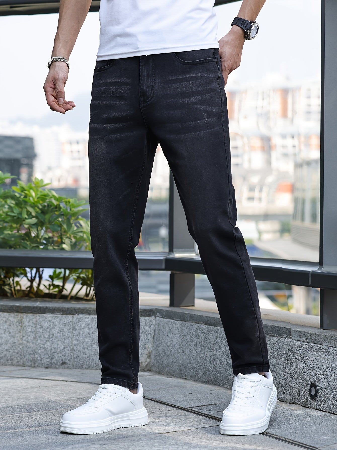 Men's Solid Skinny Cotton Blend Denim Jeans, All Seasons Wearable Medium Stretch Washed Jeans, Suitable For Daily And Outing Wear