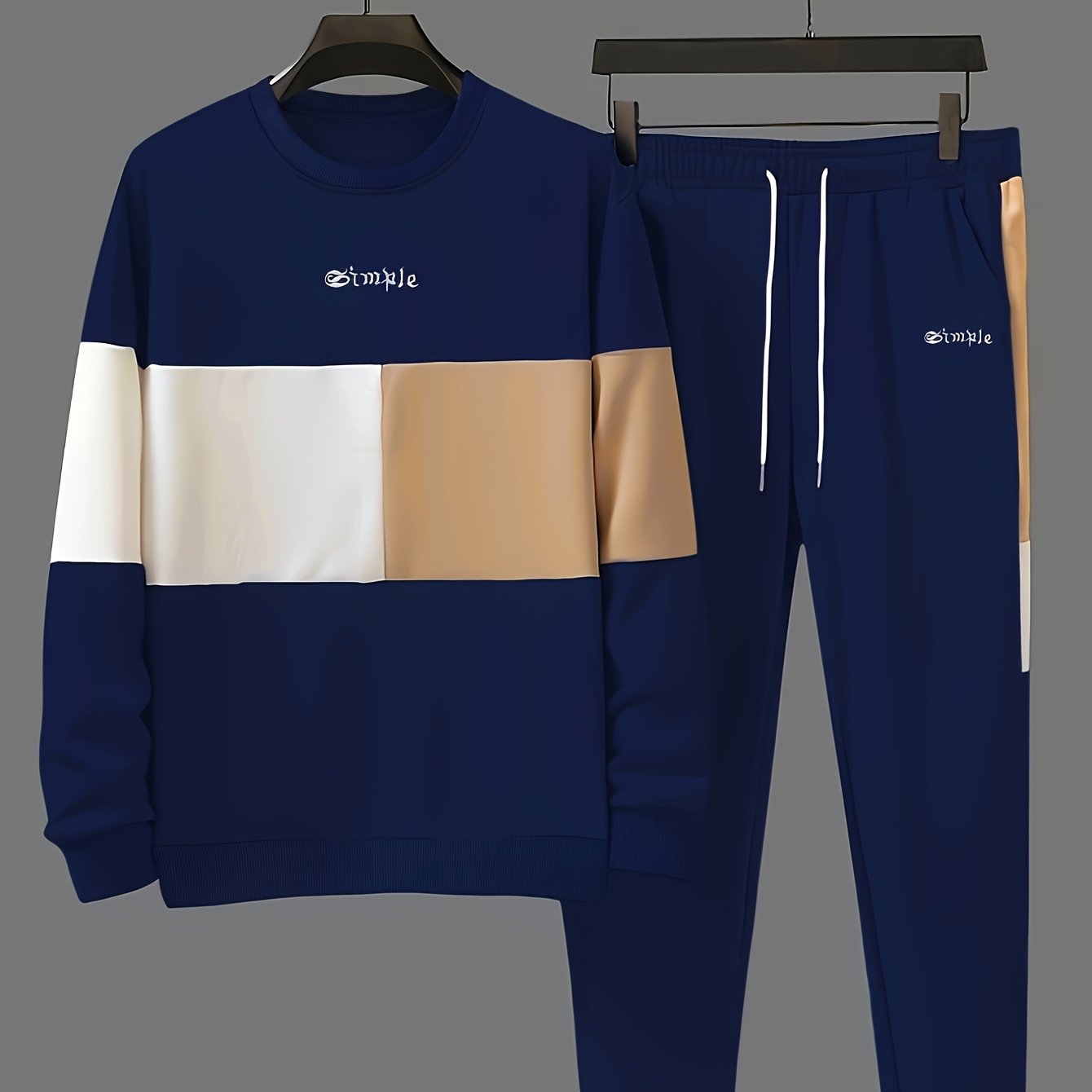 Men's Casual Crew Neck Sweatshirt & Joggers Set - Color Block, Polyester Blend, Machine Washable - Perfect for Spring/Fall, Leisure Style, Conventional Version, Spring/Autumn