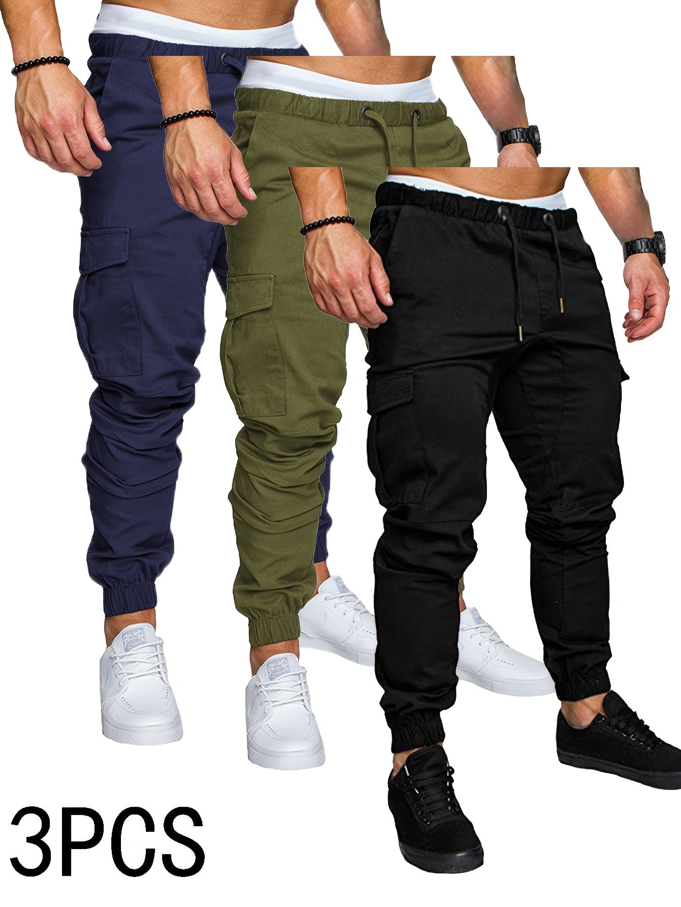 3-Pack Men'S Casual Cotton Cargo Pants, Solid Color, Non-Stretch, Regular Length, Drawstring Waist, Four Seasons, Standard Fit, Woven Fabric