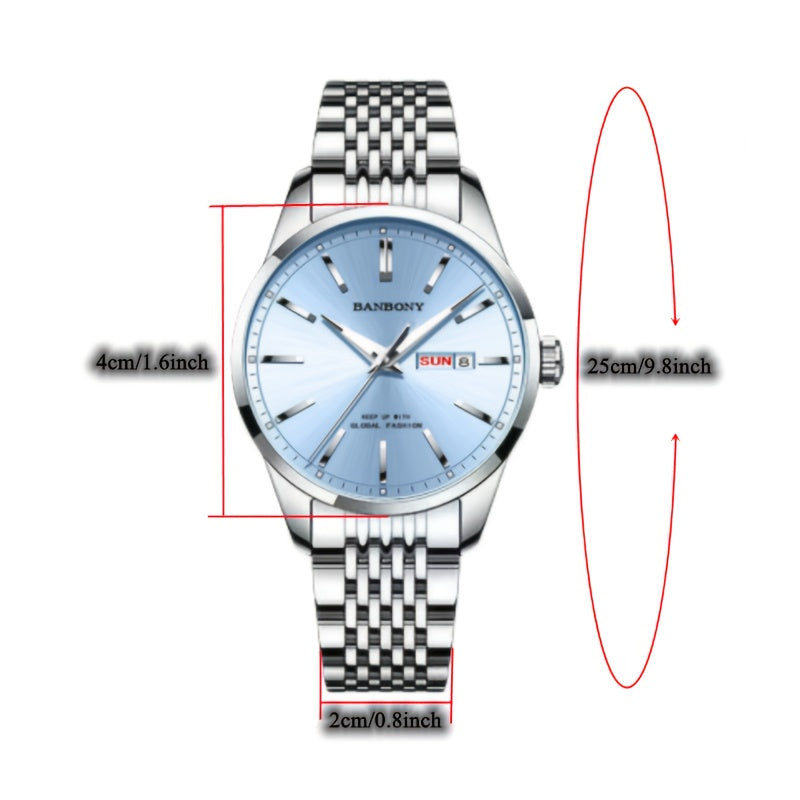 Banbony Men'S Stainless Steel Band Luminous Calendar Watch, IPX7 Waterproof, Quartz Movement, Round Zinc Alloy Case, Casual Fashion Style, with Pointer Display, Battery Powered, Non-rechargeable Button Battery, for B day