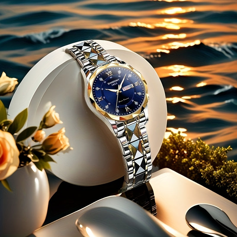 1pc Elegant BANBONY Stainless Steel Women'S Watch with Sparkling Rhinestones, Double Calendar, Glow-in-the-Dark Display, Waterproof - Ideal Gift for Birthdays, Anniversaries, and Special Occasions, Luxury Accessory | Elegant