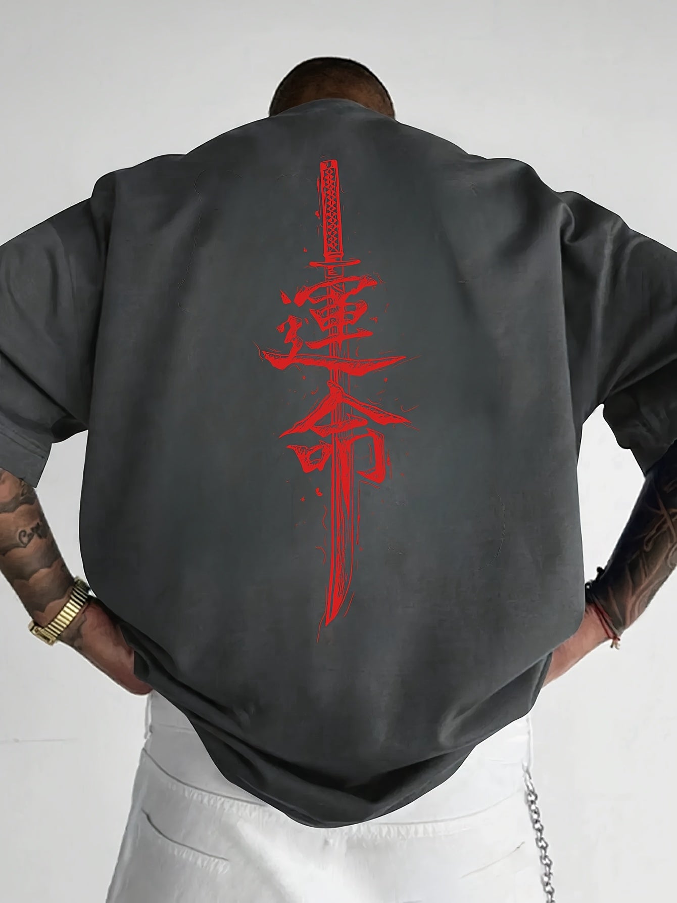Men'S Japanese Samurai Sword Graphic T-Shirt - Casual Loose Fit Crew Neck, Short Sleeve Tee with Red Stylized Japanese Katanas Design, Breathable Polyester for Spring & Summer Outdoor Wear