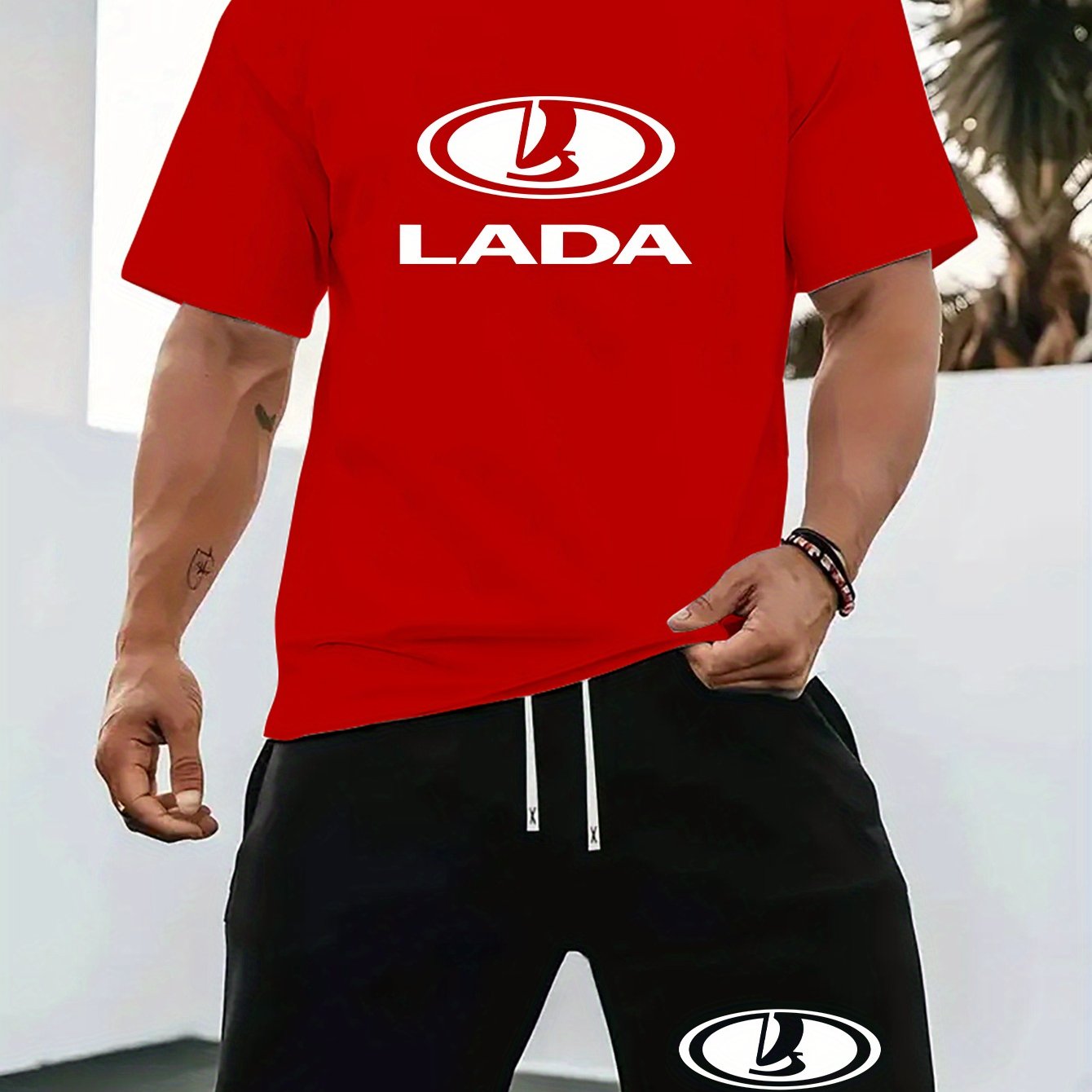 Men'S Summer Casual Sport Two-Piece Set - LADA Letter Pattern Print T-Shirt and Black Drawstring Shorts, Casual Sportswear, Regular Fit - Perfect for Summer Outdoor