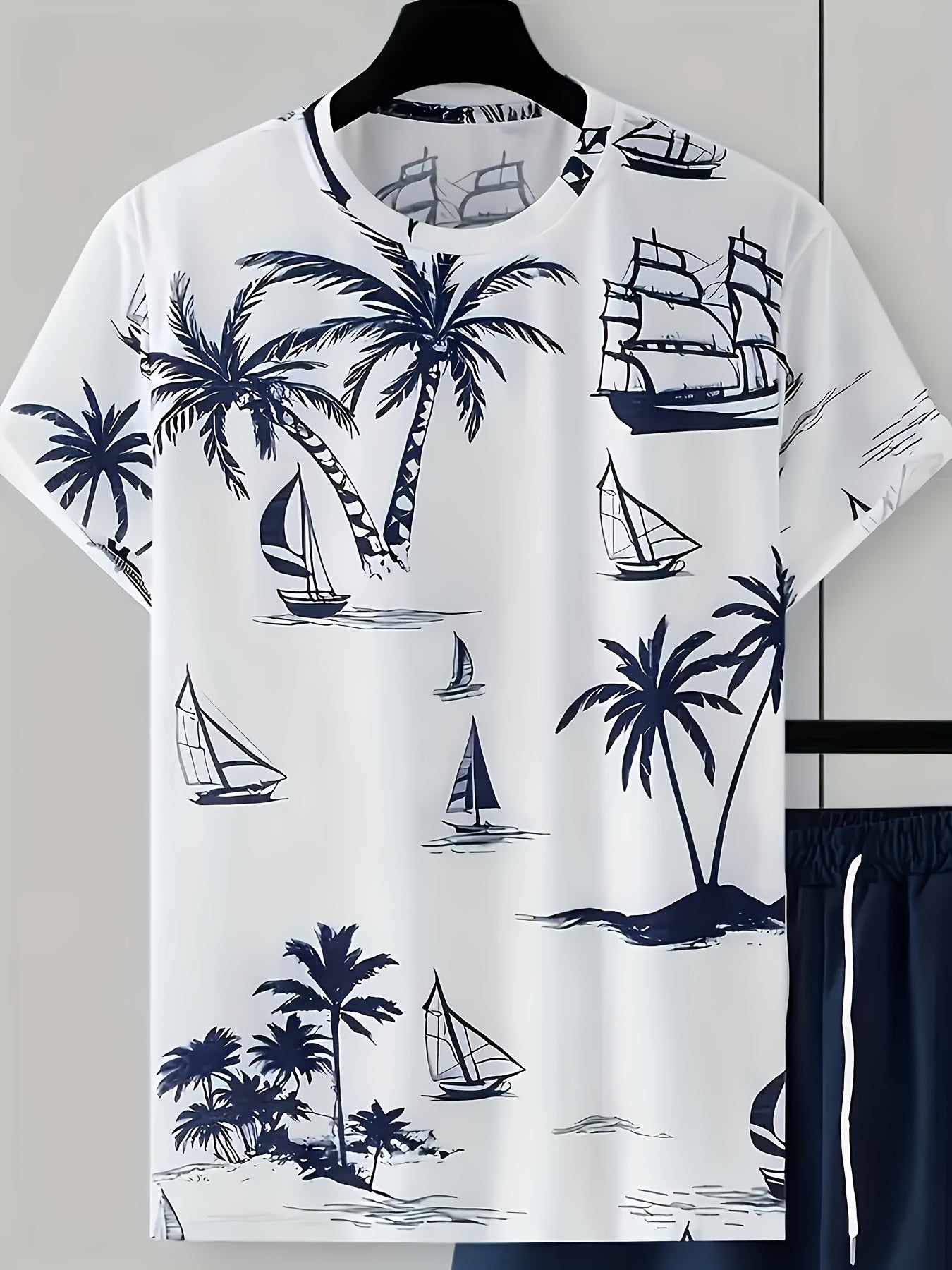 Men's 2025 Summer New Short Sleeve Shorts Set: Beach Casual 3D Coconut Tree Print, 2pcs Fashionable Palm Pattern T-Shirt and Shorts with Slight Stretch Polyester Knit Fabric, Slim Fit for Outdoor Activities & Family Gathering