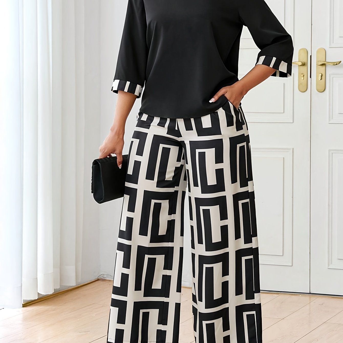 Women's Elegant Spliced Round Neck Top + Geometric Print Wide-Leg Pants Two-Piece Set