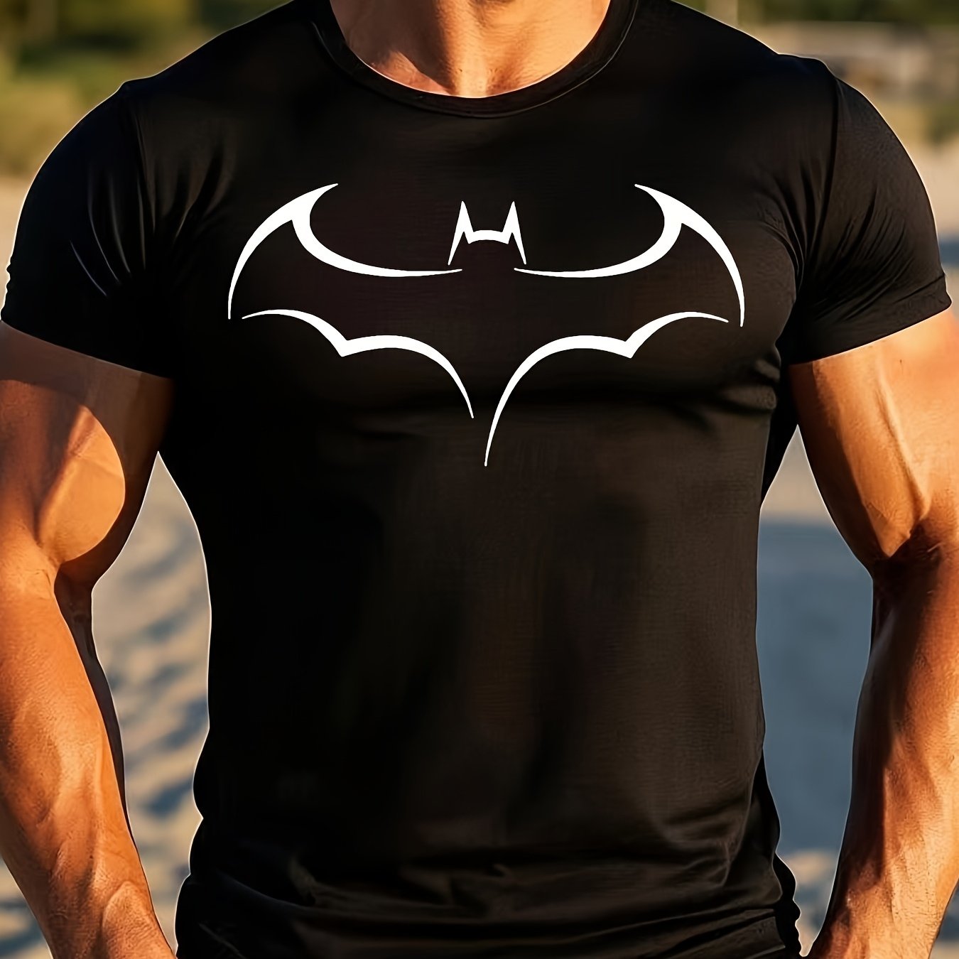 Minimalist High-End Bat Pattern Print Short-Sleeve Summer Fashion Casual Black And White Textured Men'S T-Shirt.