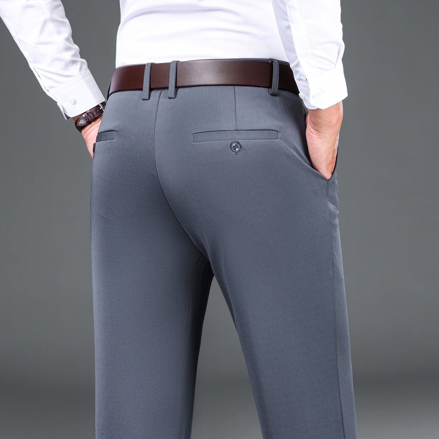 1pc Men'S Warmth Business Casual Pants, Fall/Winter Fleece-Lined Thickened Straight-Leg Trousers with Slant Pockets, Solid Color Knit Fabric Regular Fit Dress Pants with Zipper Closure, Medium Stretch Polyester