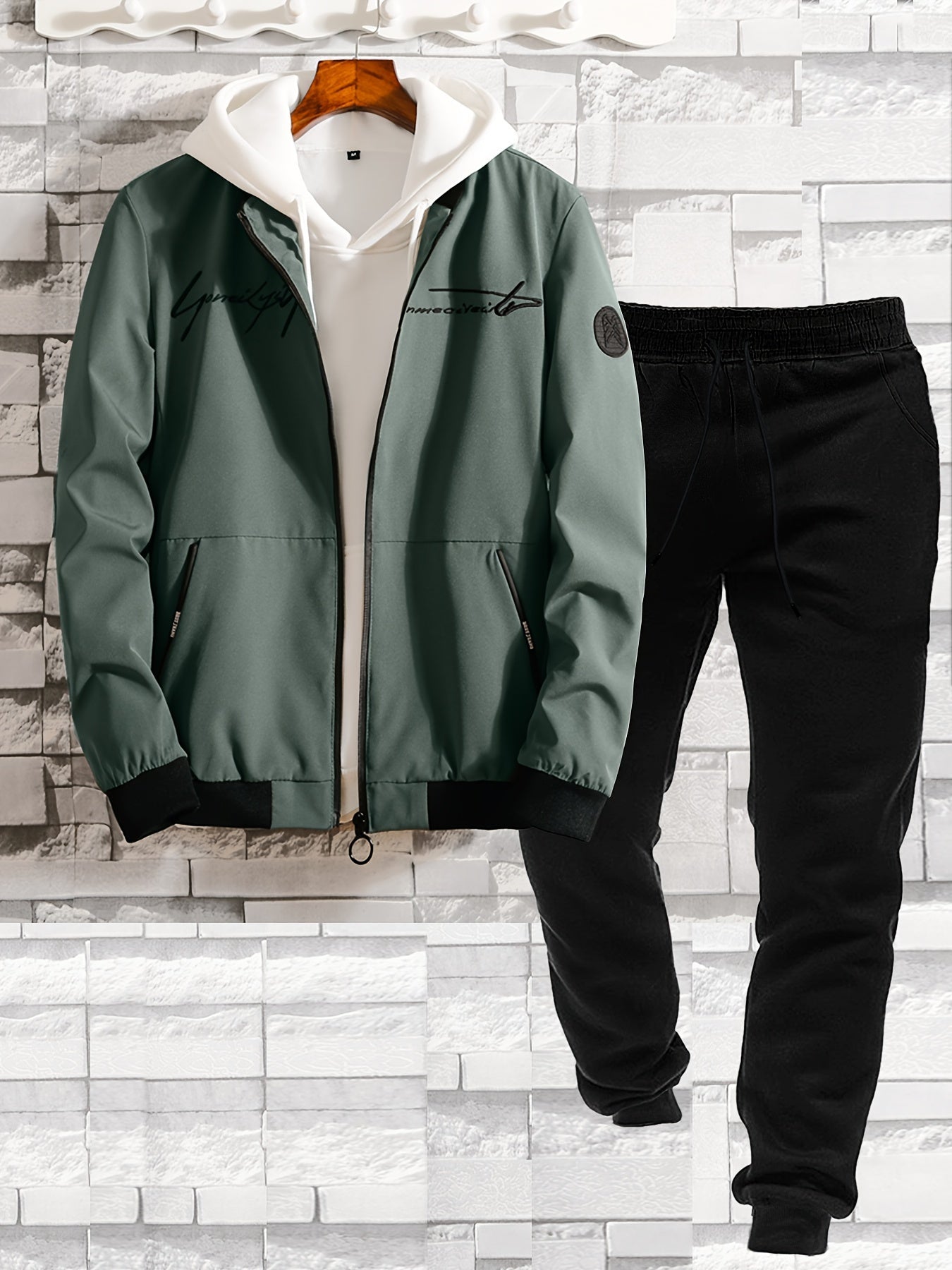2pcs Men's Classic Bomber Jacket & Jogging Pants Set - Sleek Black with Letter Embroidery, Elastic Cuffs & Waistband, Durable Polyester, Perfect for Outdoor Activities & Casual Wear, Jogging Suits