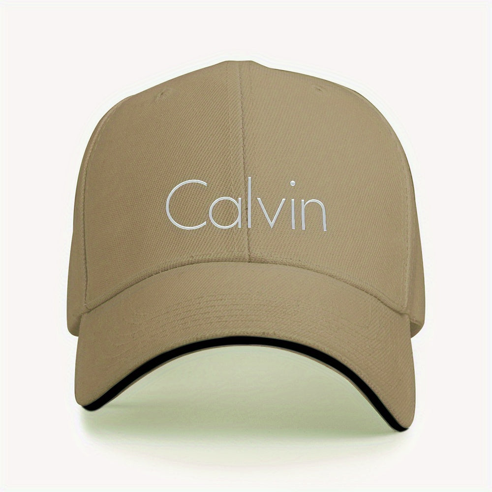 Men's Sporty Breathable Polyester Baseball Cap with Modern Metallic Calvin Text Pattern - Black & White Contrast Design for Fitness, Running, Couples Matching Hats, Fitness Accessory, Sleek Sporty Style, Comfortable Headwear