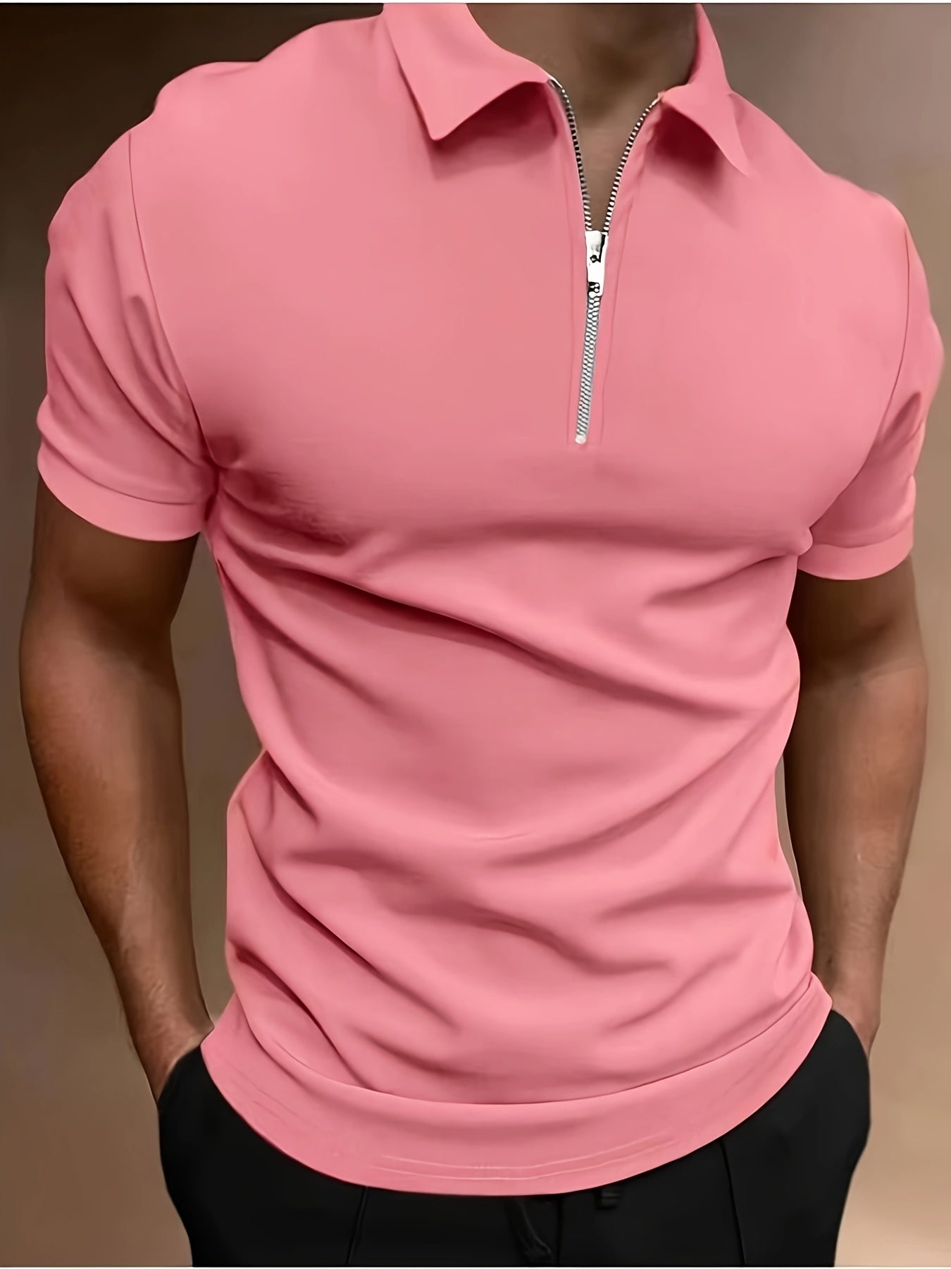 Casual Stretch Men's Solid Color Zipper Lapel Golf Shirt, Male Summer Streetwear