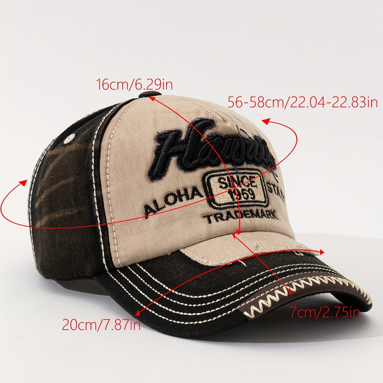 Vintage "Hawaii" Embroidered Baseball Cap - Distressed Two-Tone Design, Breathable Cotton, Adjustable Fit, Casual & Travel Hat (Beige/Black, Brown/Red, Red/White)