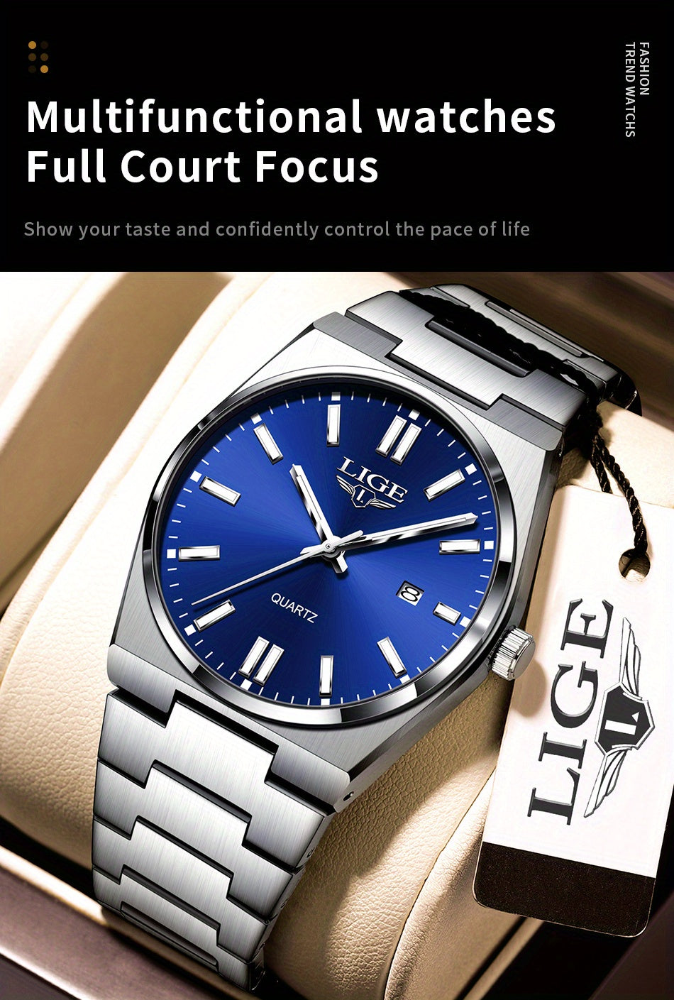 LIGE Stainless Steel Sports Watch for Men and Women - Dual Display Digital & Quartz Movement, Blue Dial, Rotating Bezel, Date Display, Metal Bracelet, Gift Box Included, Watch Accessories, LIGE