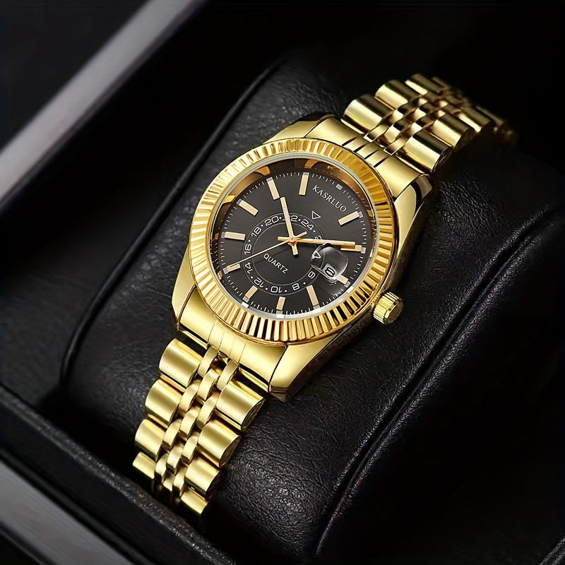 KASRLUO Elegant Women's Golden-Tone Stainless Steel Quartz Watch with Date Display, Analog Roman Numerals, and Adjustable Crown - Stylish Round Alloy Case & Band for Sophisticated Timekeeping, Fashion Accessory | Sophisticate